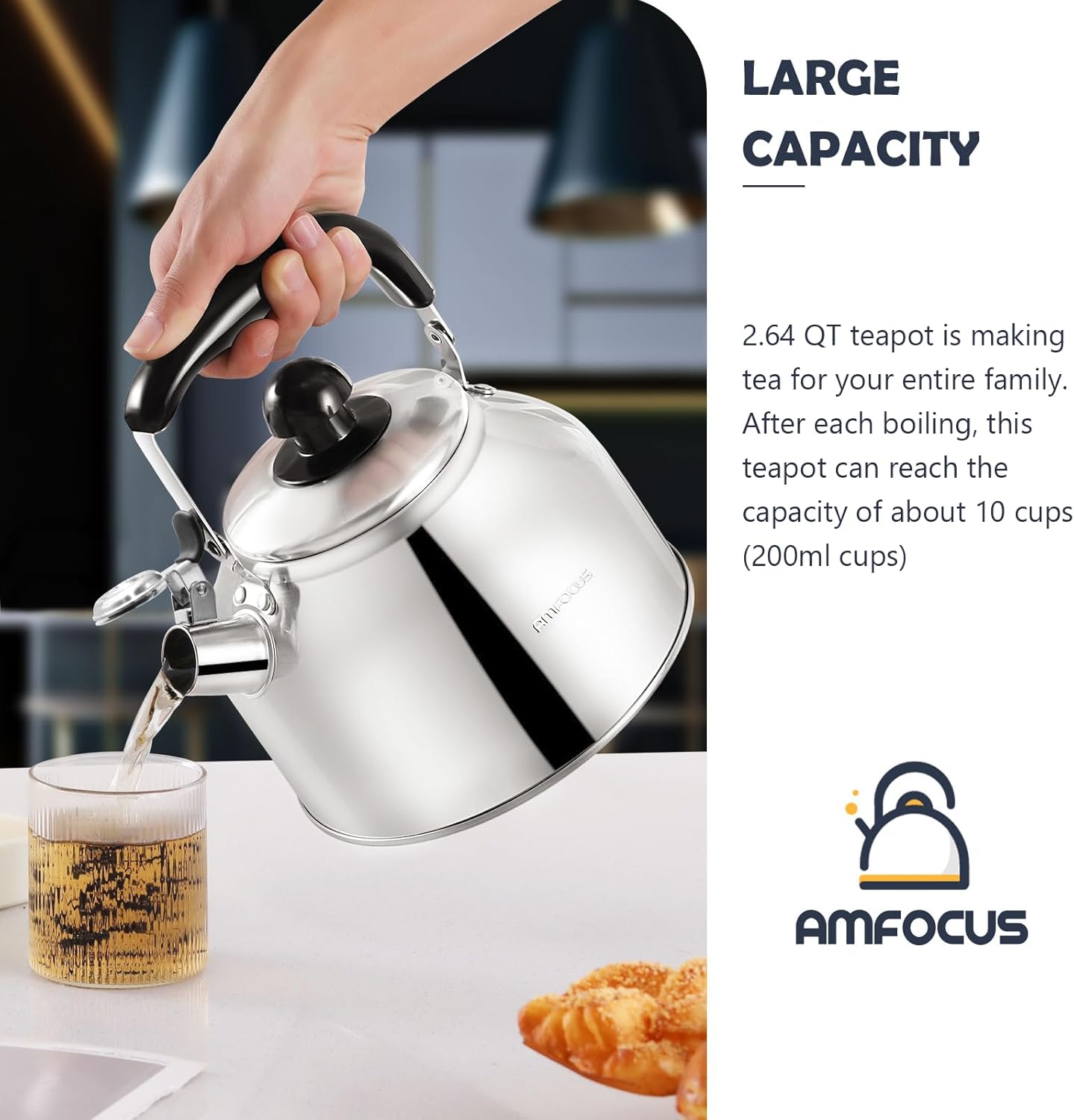 AMFOCUS Tea Kettle Stovetop, Whistling Tea Kettle Pots for Stove Top, 2.64 QT Food Grade Stainless Steel Teakettle Teapot with Cool Grip Folding Handle, Hot Water boiler for Tea, Milk, Coffee