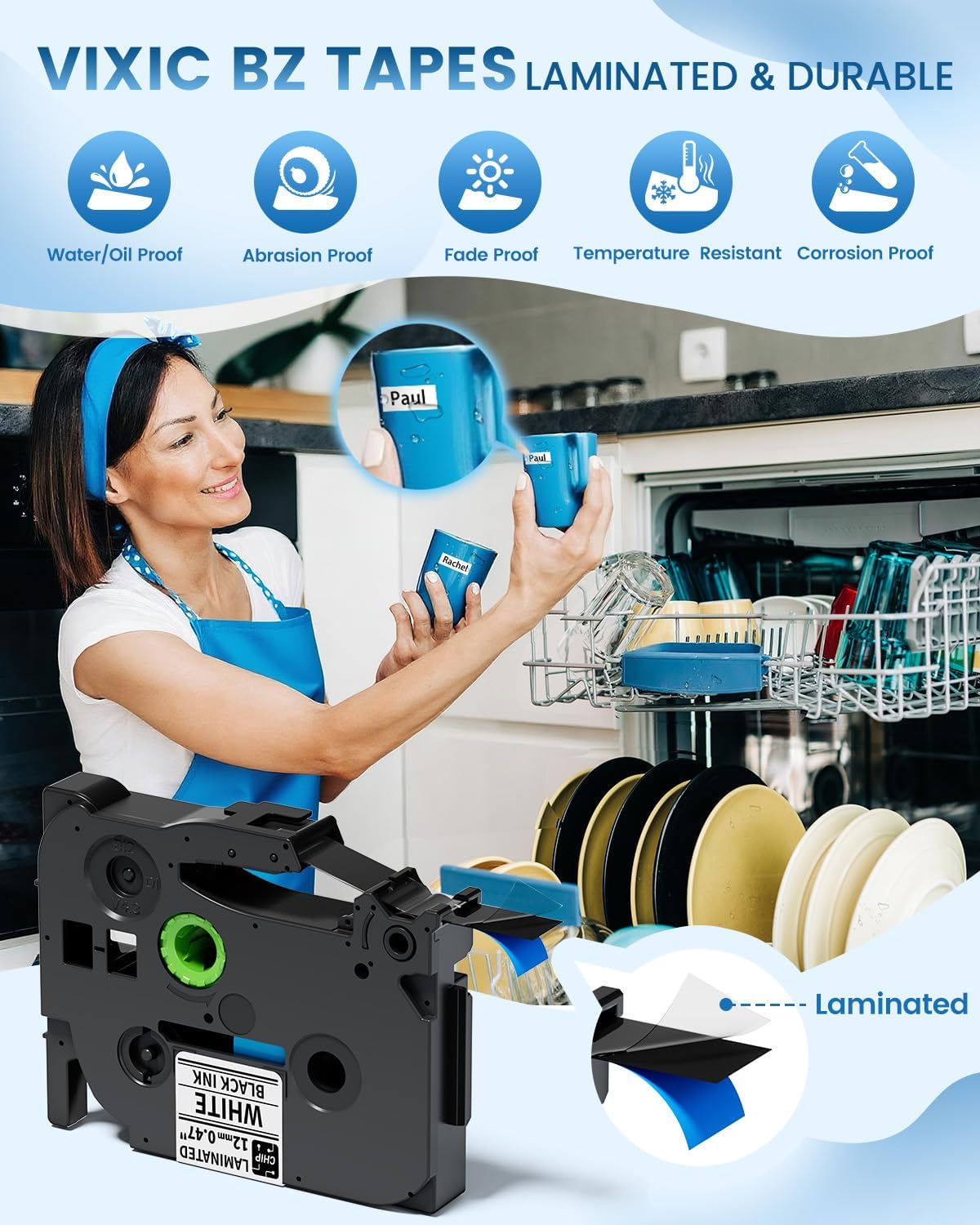 Label Maker Machine with Tapes, Label Maker Waterproof-Labels, Portable Label Makers Bundle 4 Label Tapes Included 12mm 0.47 Laminated White, D210S Handheld Labeling Machine for Home Office School