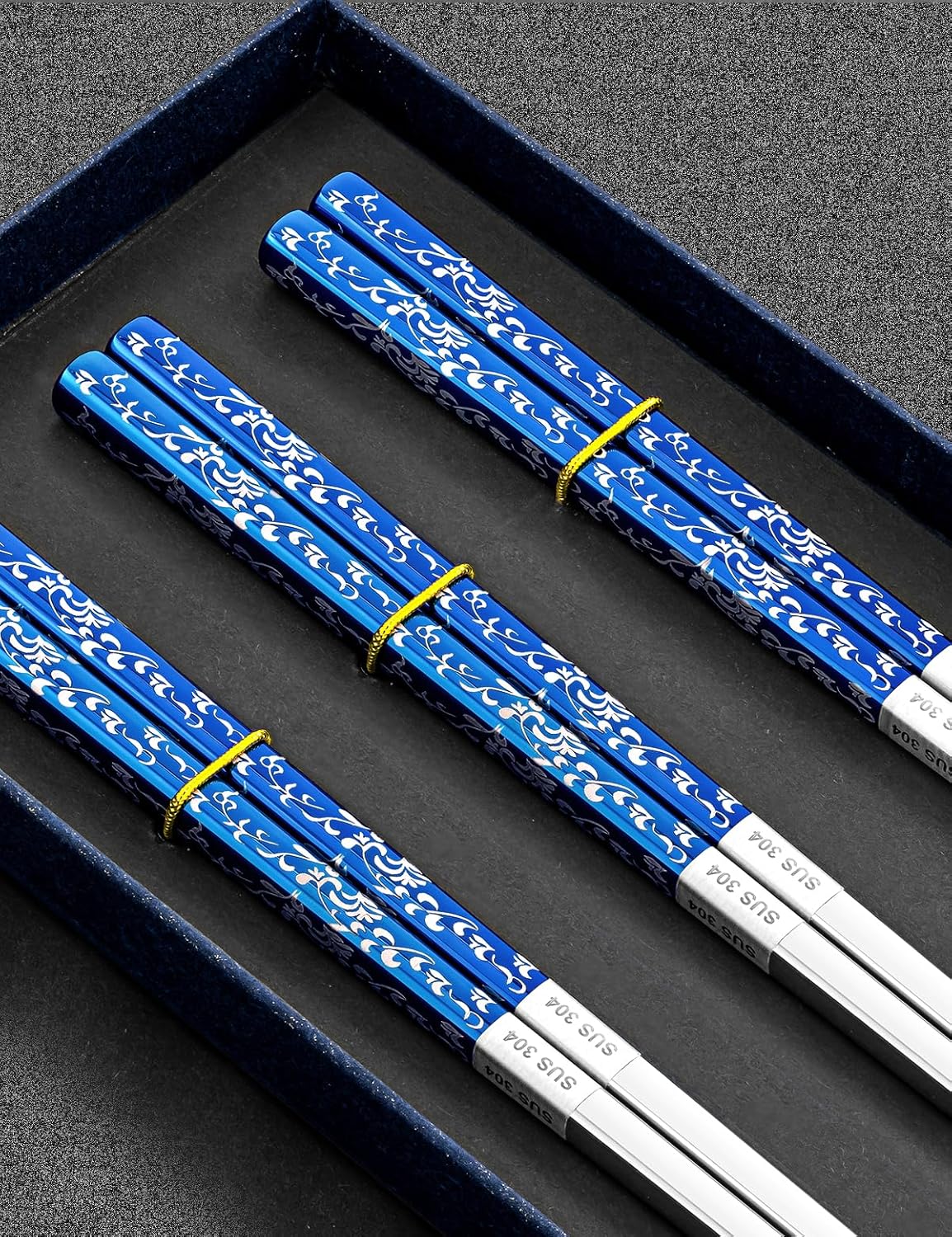 Metal Chopsticks Reusable, 3 Pairs Non-Slip Chop Sticks Reusable Dishwasher Safe, Titanium Plated Stainless Steel Chopsticks Present Set (Blue Silver)