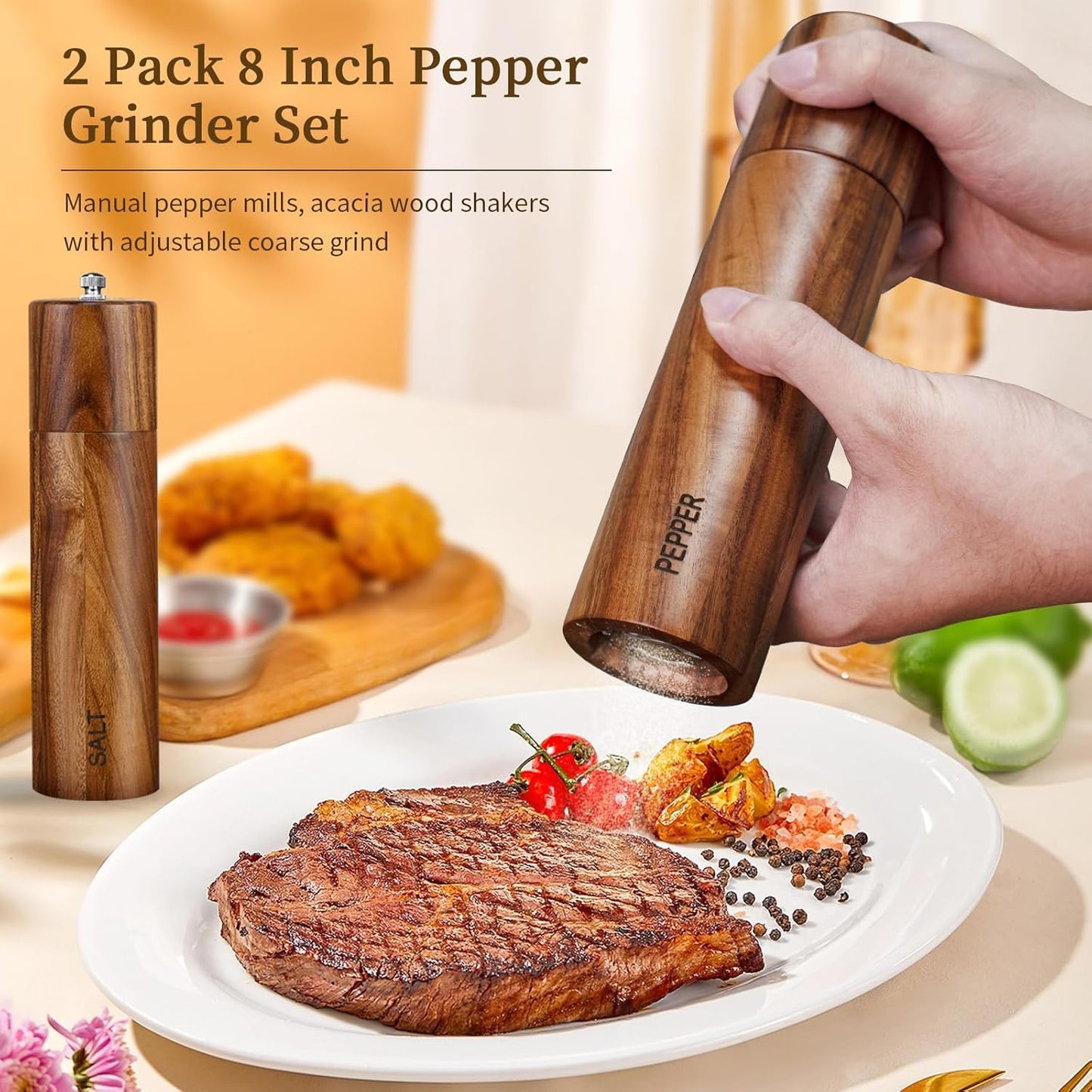 2 Pack Acacia Wooden Salt and Pepper Grinder Set 8 Inches Refillable Salt and Pepper Mills Adjustable Coarseness, Acacia Wood with Ceramic Core Peppercorn Shaker Tableware Birthday Gifts