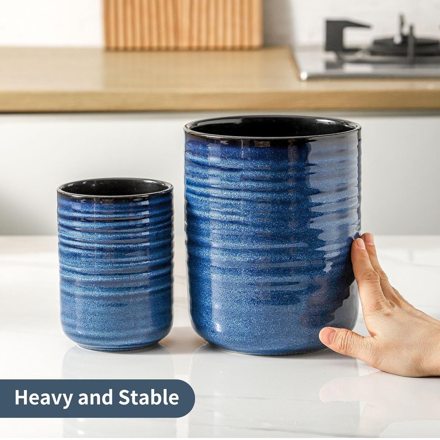 Hasense Kitchen Utensil Holder, 7.4" x 6.2" Ceramic Utensil Holder for Countertop, Stable Cooking Utensil Organizer Crock for Spatula, Modern Kitchen Decor for Christmas, Blue