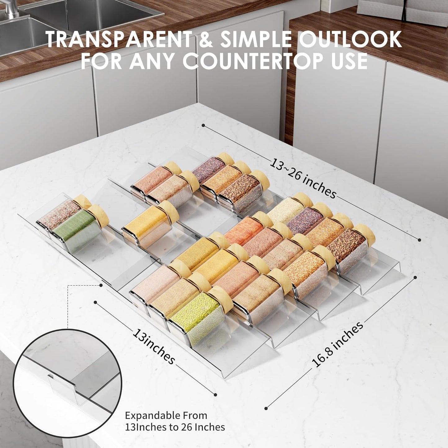 Spice Drawer Organizer, 4 Tier Clear Acrylic Expandable From 13" to 26" Seasoning Jars Drawer Insert, Kitchen Drawer Spice Rack Tray for Cabinet/Countertop