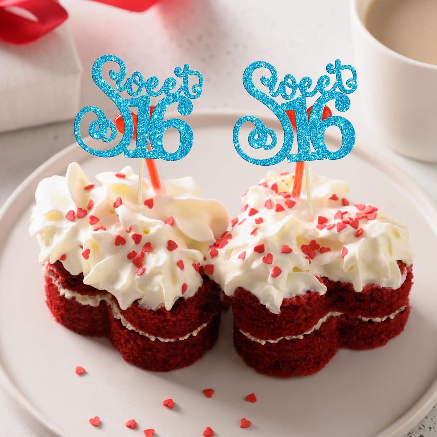 Gyufise 24 Pack 16th Birthday Cupcake Toppers Glitter Sixteen Happy Sweet 16 Cupcake Picks Cheers to 16 Years Old Cupcake Decorations for 16th Birthday Anniversary Party Supplies Light Blue