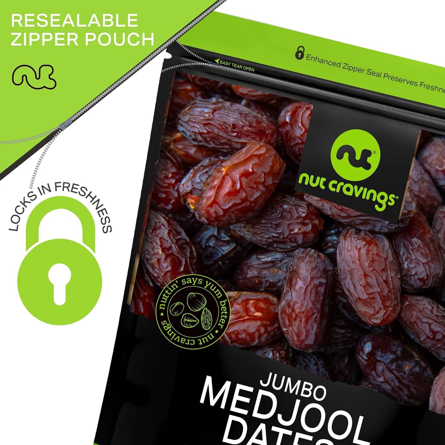 NUT CRAVINGS - Sun Dried Jumbo Medjool Dates, No Sugar Added (32oz, 2 LB) Bulk Dry Fruits Packed Fresh in Resealable Bag - Sweet Healthy Snack, Naturally Grown, Vegan, Kosher