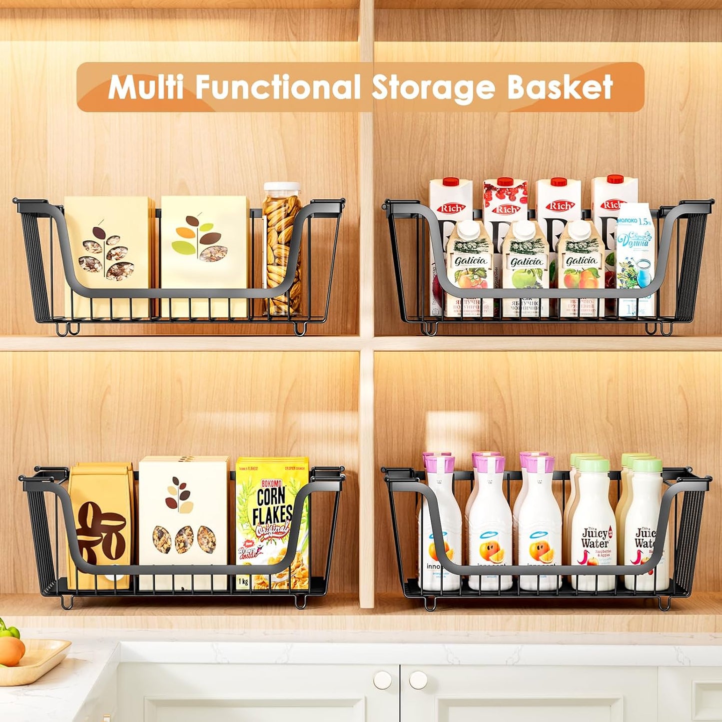 4 Pcs Stackable Wire Baskets for Pantry Organizers and Storage,Kitchen Storage Metal Baskets,Produce Potato Onion Storage Bin,Vegetable Fruit Basket for Countertop,Black