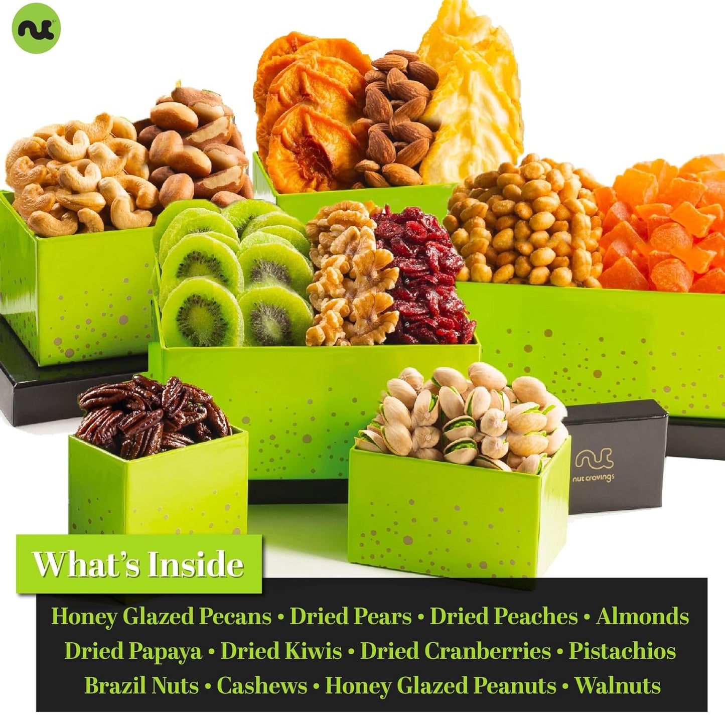 NUT CRAVINGS - Dried Fruit & Mixed Nuts Gift Basket Green Tower + Ribbon (12 Assortments) Food Arrangement, Healthy Snack Care Package, Food Assortments