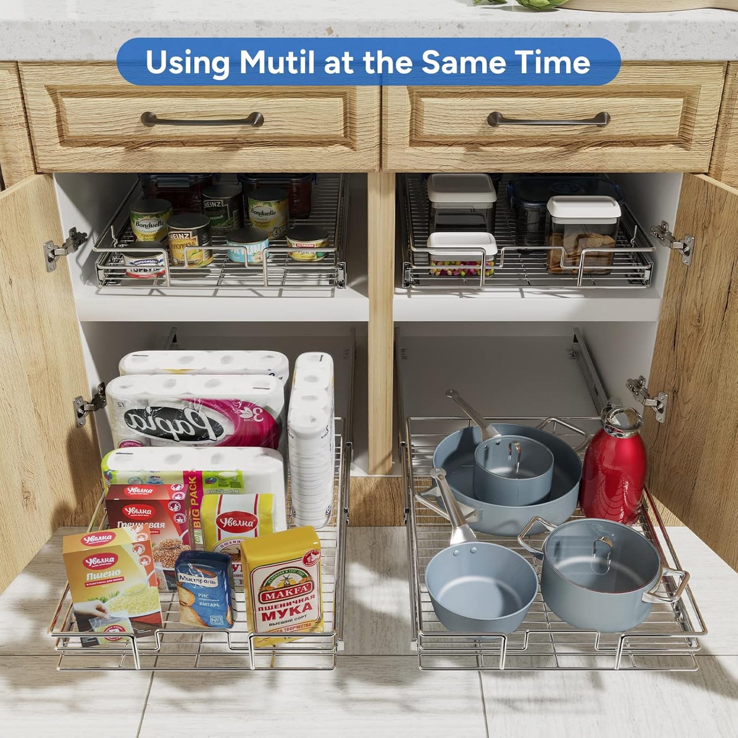 ROOMTEC Pull Out Cabinet Organizer, Cabinet Pull Out Shelves 7½" W x 21½" D, Heavy Duty Cabinet Drawers Slide Out Kitchen Cabinet Organizers Storage Shelf