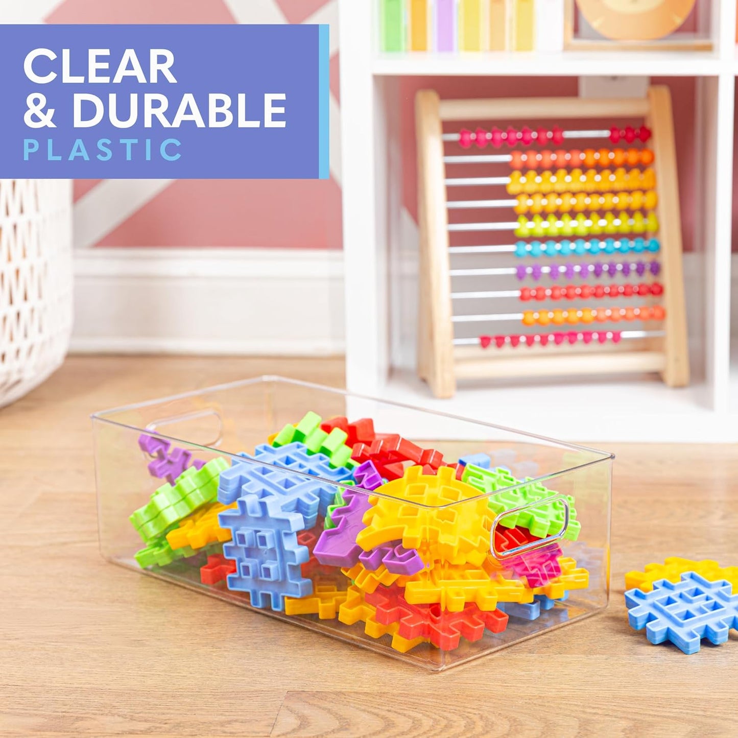 Plastic Food Storage 6 Pack Clear Container Bin with Handles for Organizing Kitchen, Pantry, Refrigerator, Freezer, Pantry, Cabinet, Closet, Bathroom. 16”x8”x5”