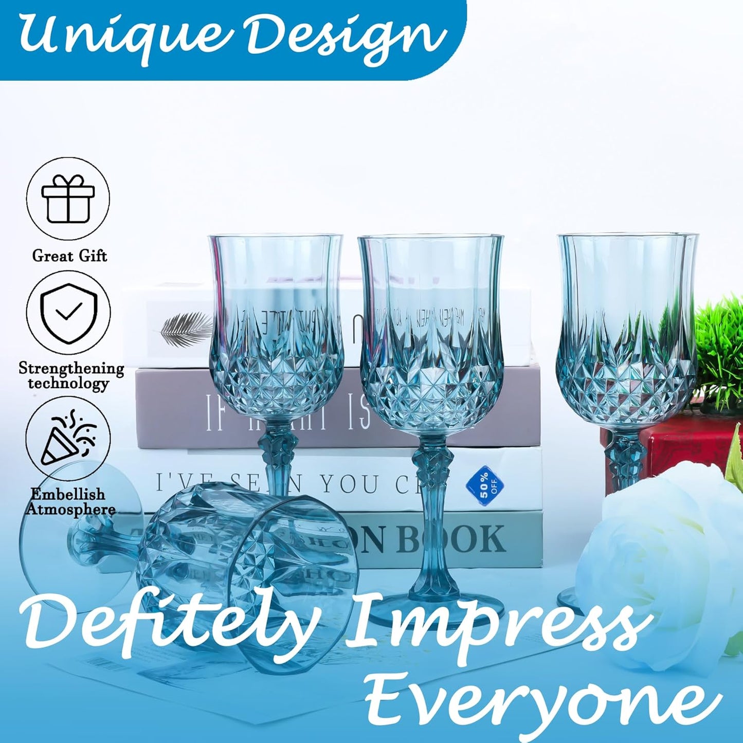 Plastic Wine Glasses,Plastic Goblets Vintage Style Cordial Drinking Glasses for Wedding Reception, Grand Event Party Supplies (12, Dusty Blue)