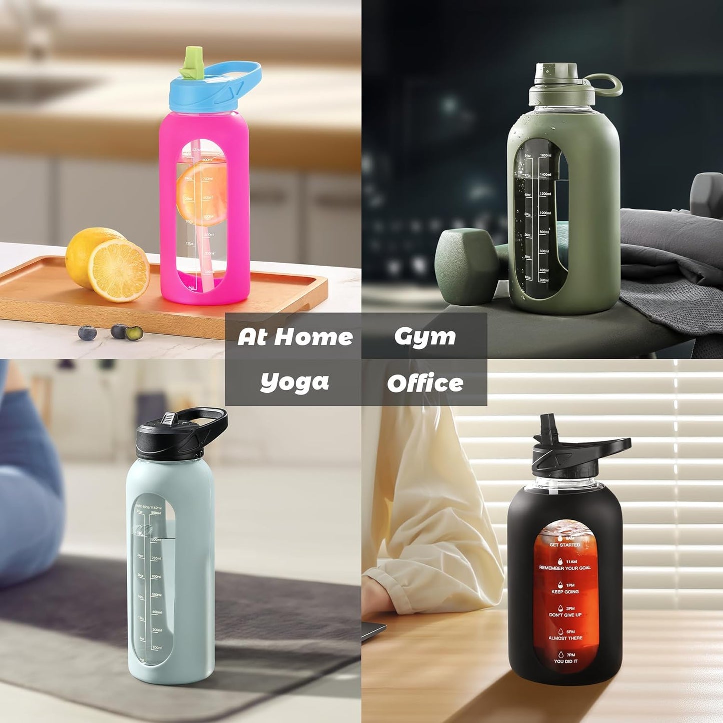 CIVAGO 40 oz Glass Water Bottle with Straw and Handle, Large Sports Motivational Water Bottle Flask with Time Marker and 2 Lids, Leakproof Water Jug Canteen with Silicone Sleeve for Gym,Black