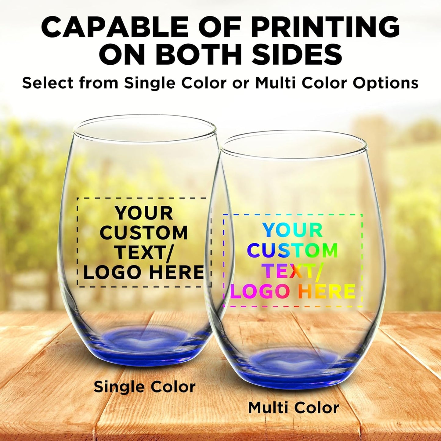 DISCOUNT PROMOS 50 ARC Stemless Wine Glasses Set, 21 oz. - Customizable Text, Logo - Chardonnay, Cabernet, Merlot, Sauvignon - Blue