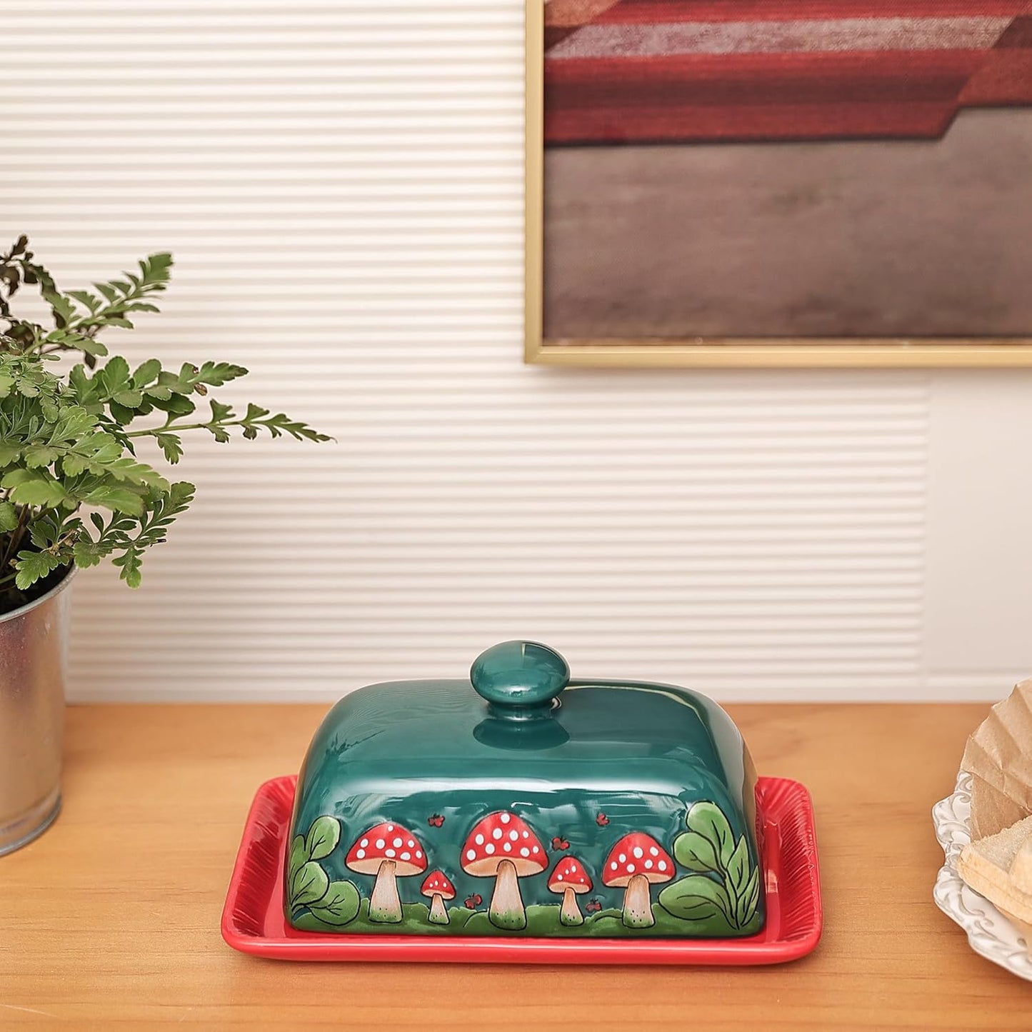 Fungi Fun Mushroom Butter Dish With Lid For Countertop Ceramic Butterdish, Red Mushroom Butter Container, Butter Tray Large Butter Dish Covered (Dark Green, Standard)