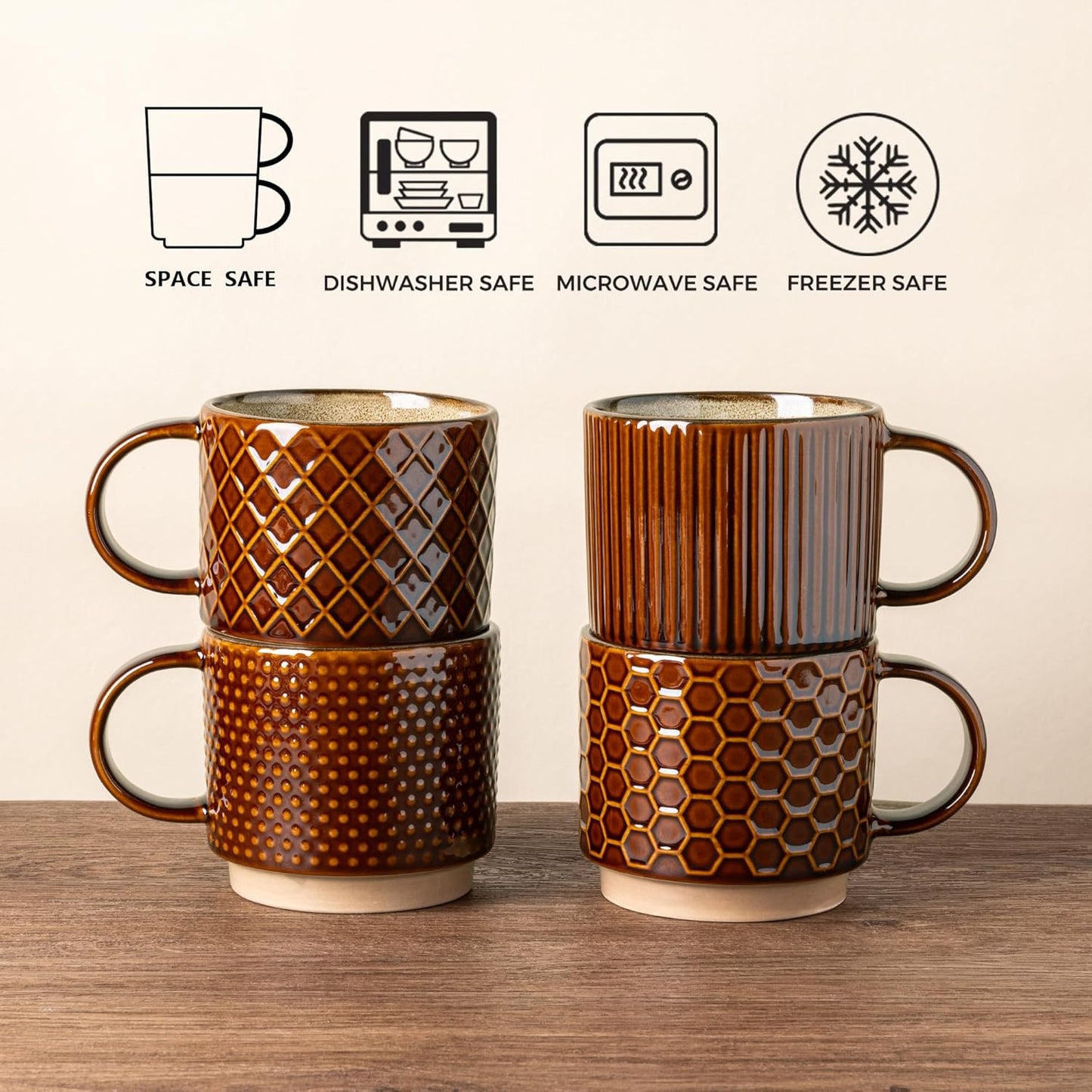 GBHOME 12 OZ Stackable Coffee Mugs, Ceramic Coffee Cups with Texture Patterns for Man,Woman,Dad,Mom, Modern Coffee Mugs Set of 4 for Latte/Cappuccino/Cocoa. Dishwasher&Microwave Safe
