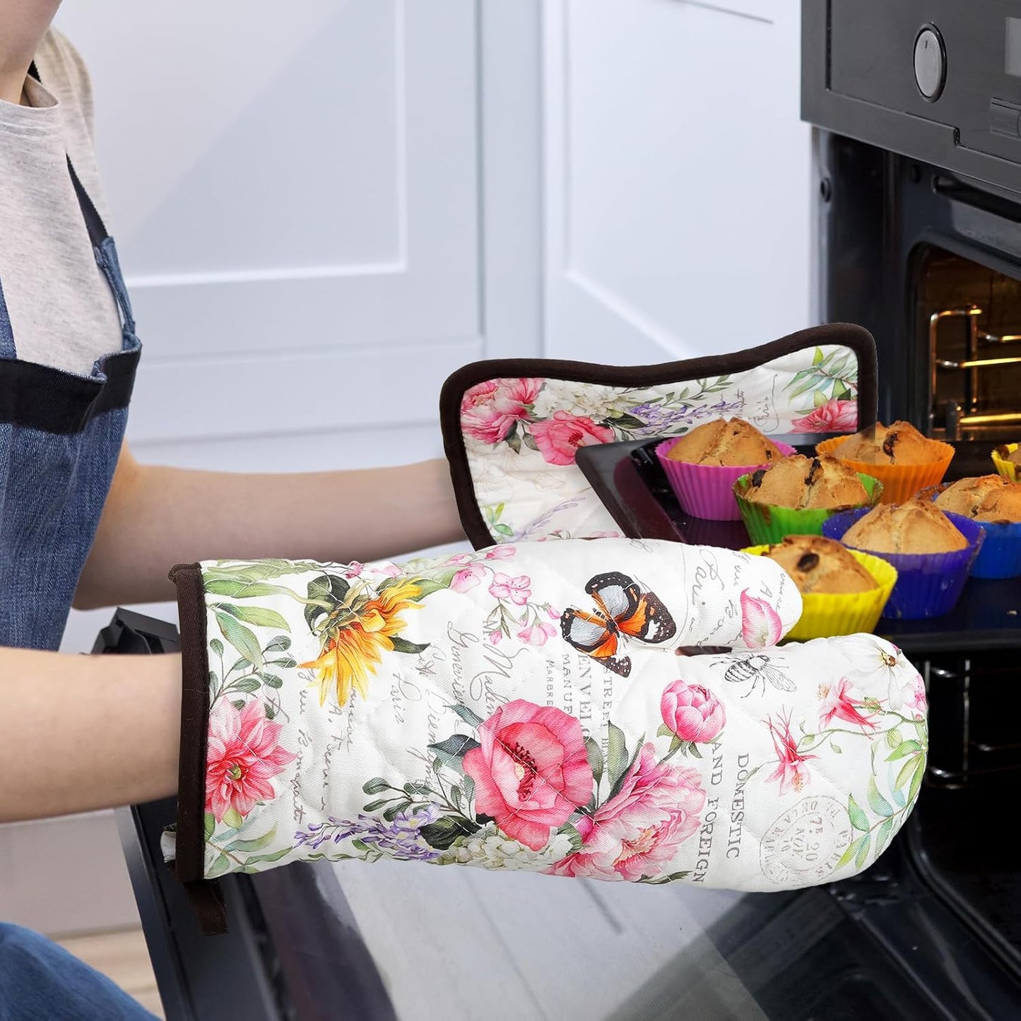 Vintage Flower Oven Mitts and Pot Holders Sets 2Pcs, 100% Cotton Heat Resistant, Extra Long Oven Gloves Potholder for Kitchen Cooking Baking Decoration