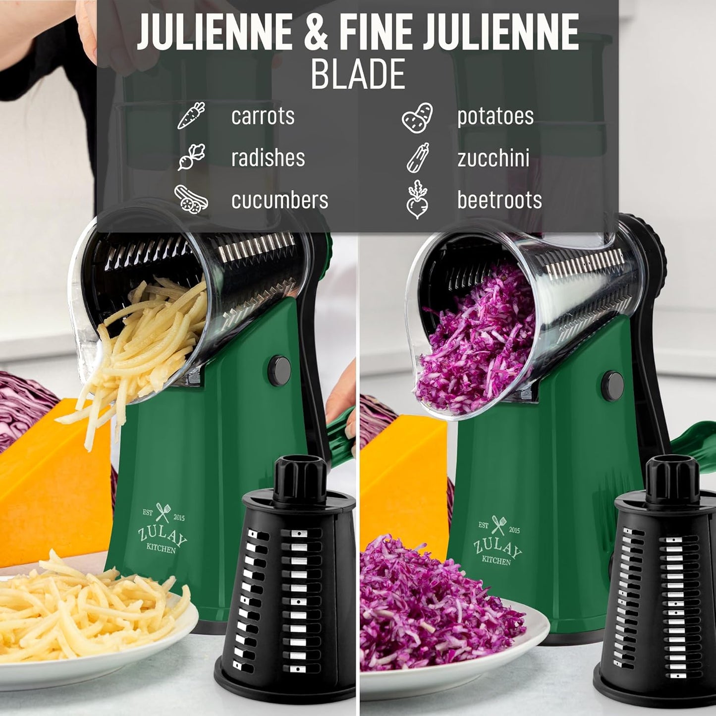 Zulay Kitchen Rotary Cheese Grater 5 Blade Cheese Shredder - Manual Hand Crank Cheese Grater With Reinforced Suction & 5 Interchangeable Drums - Easy to Use, Vegetable Chopper Round Mandoline Slicer