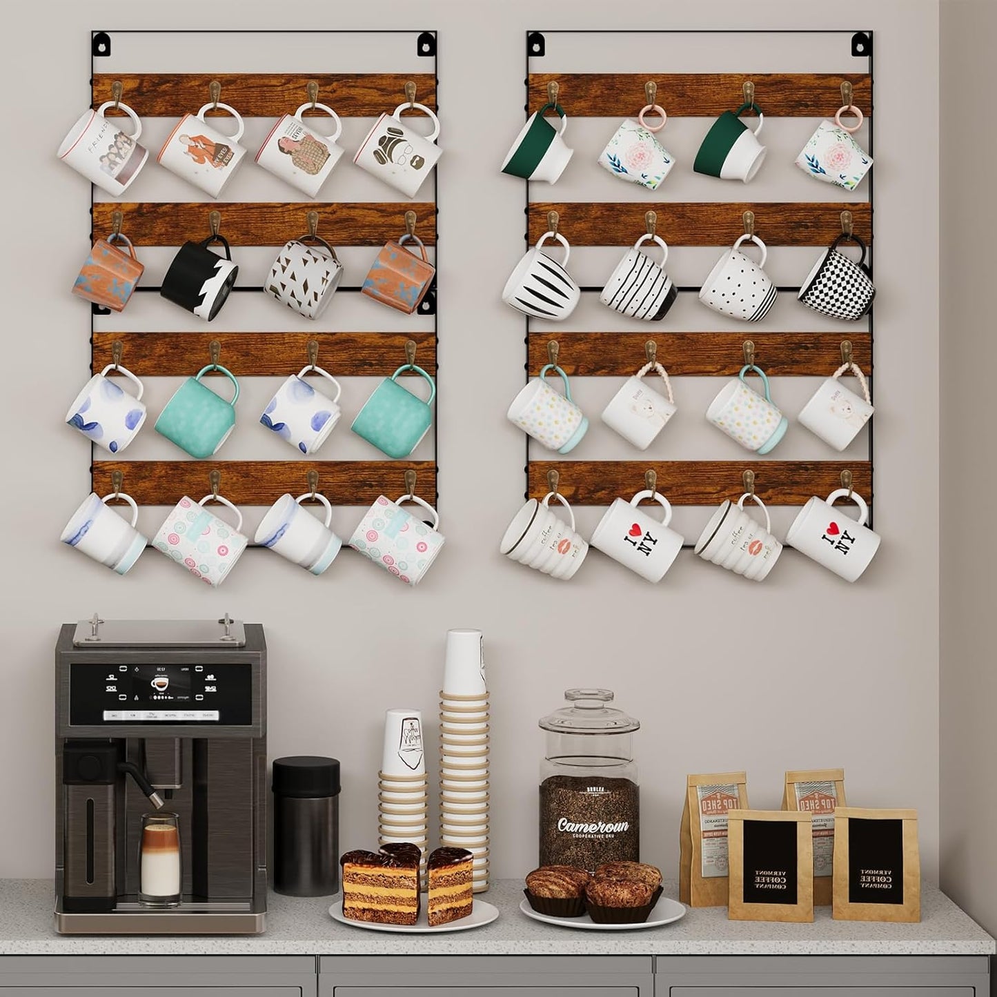 Mug Racks for Wall, Coffee Mug Holder Wall Mount Up to Hold 24 Mugs, Coffee Mug Rack Wall Mounted(3Pack) for Kitchen, Home, Coffee Bar, Rustic Wood and Iron