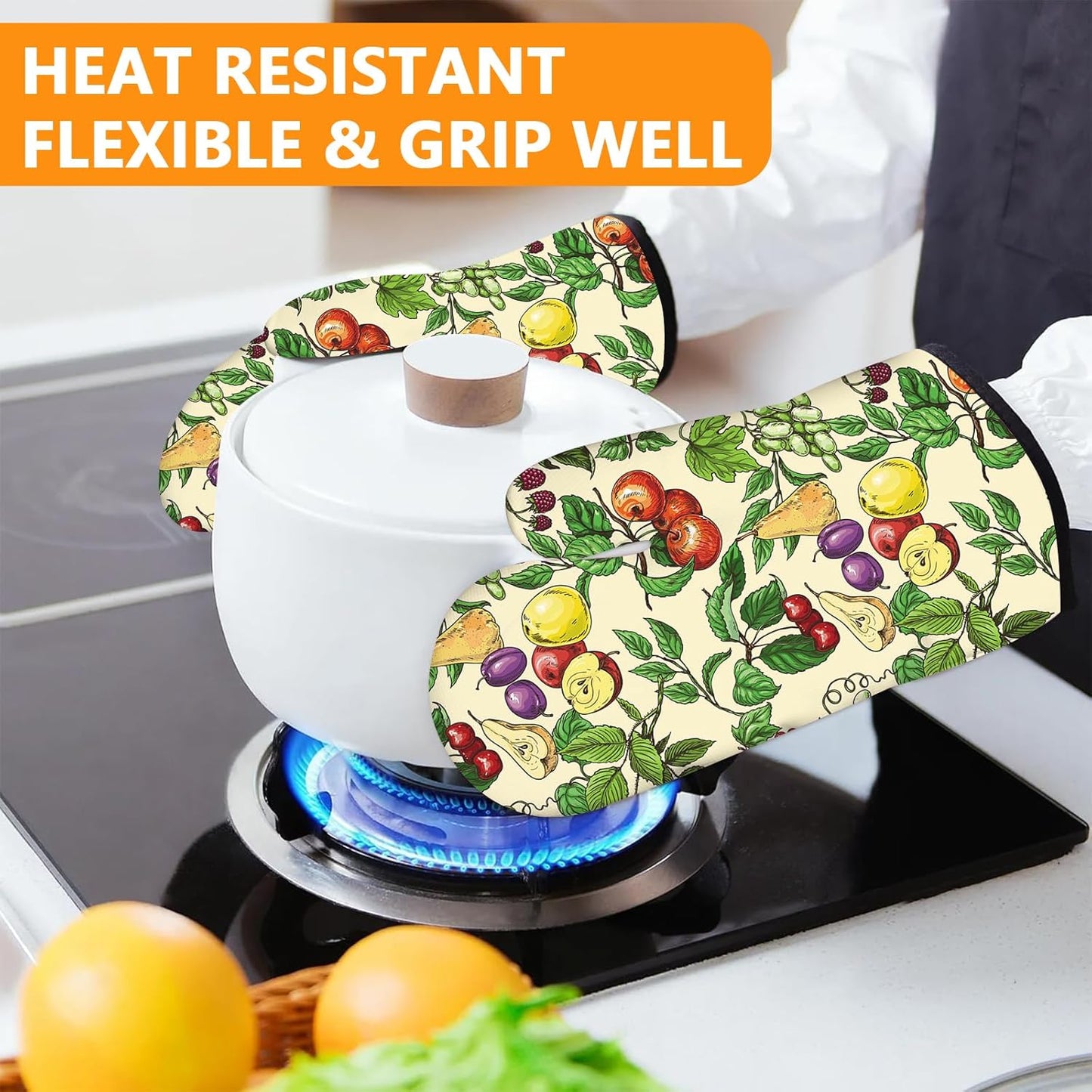 Fruit Oven Mitts and Pot Holders Sets 4Pcs,Extra Long Oven Gloves Potholder for Kitchen Cooking Baking BBQ 100% Cotton Heat Resistant