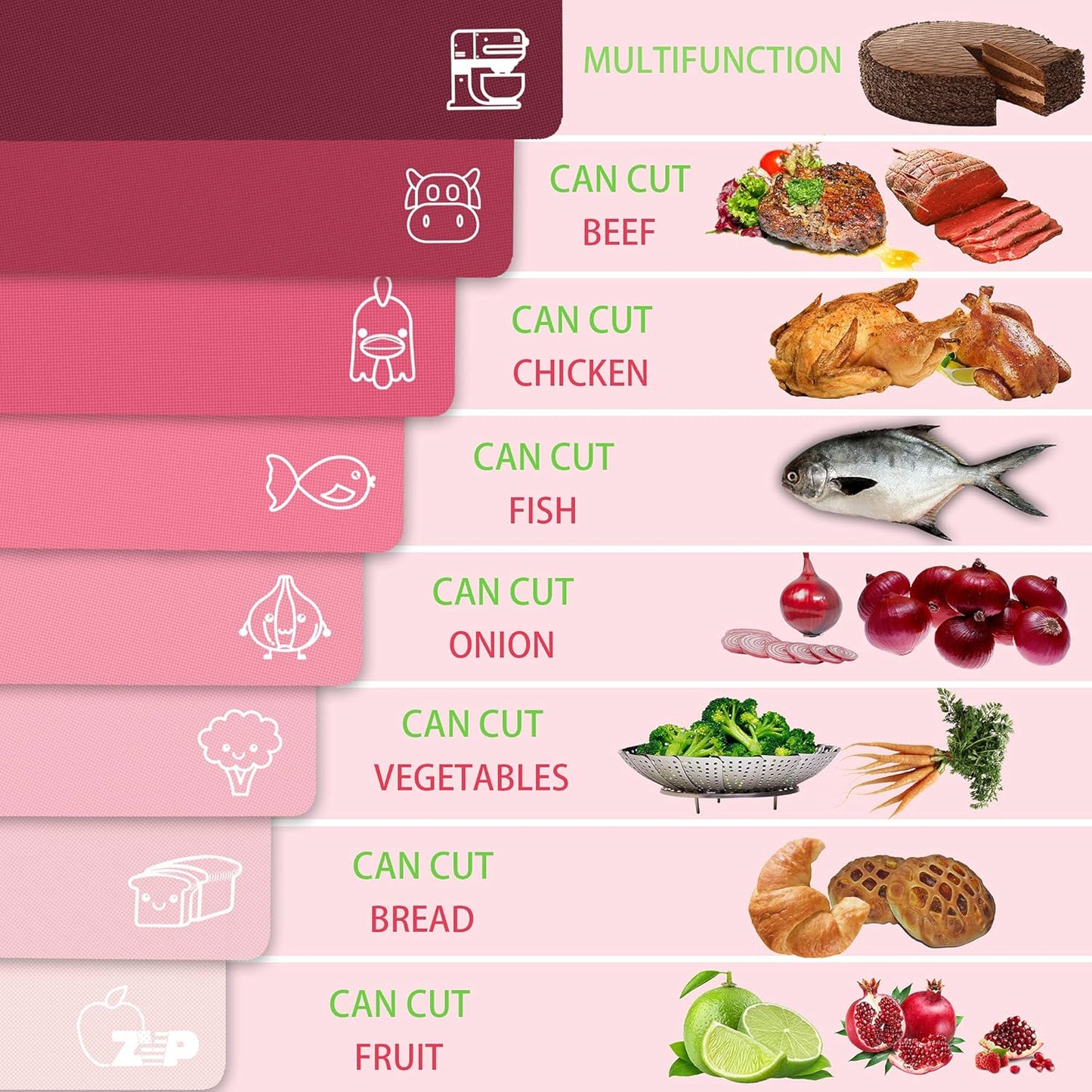 ZVP Flexible Plastic Cutting Board Set of 5 Gradient Color, Colorful Chopping Boards, BPA Free Mats, Non Slip, Dishwasher Safe, 15x12 Inch, Pink Multi-Color