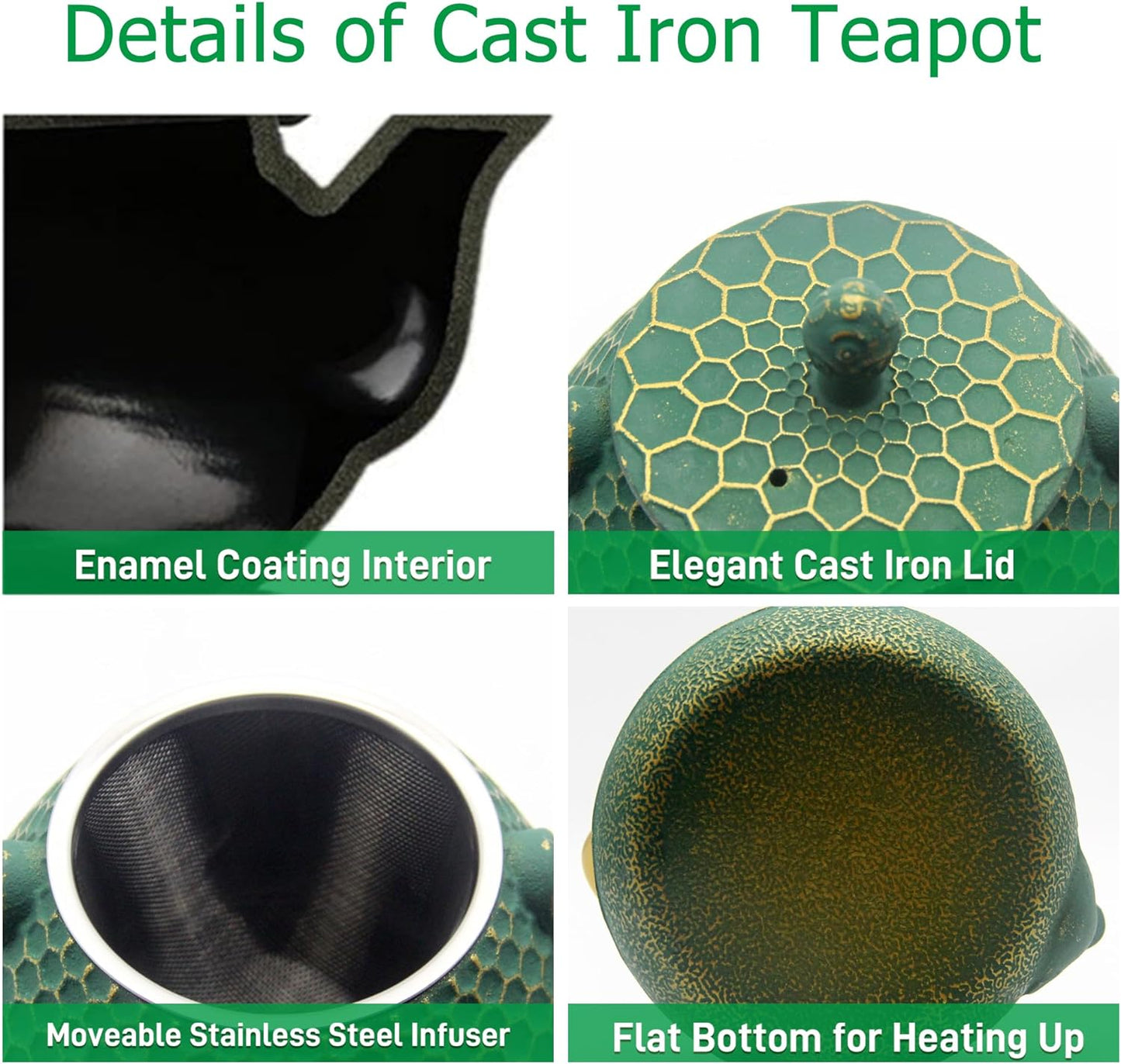 Cast Iron Tea Kettle Set, 33.8oz Hexagon Pattern Teapot Set with Cups and Cup Mats, Teapot Coated with Enameled Interior, Durable Cast Iron Teapot Set with Stainless Steel Infuser