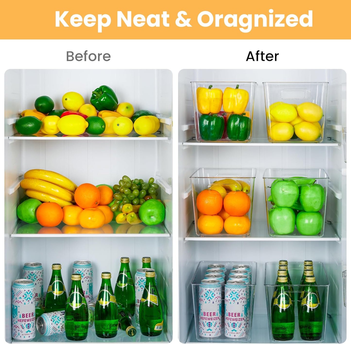 YIHONG Clear Plastic Storage Bins, 4 Pack Pantry Organizer Bins with Handle for Kitchen, Freezer,Cabinet,Closet Organization and Storage(XL)