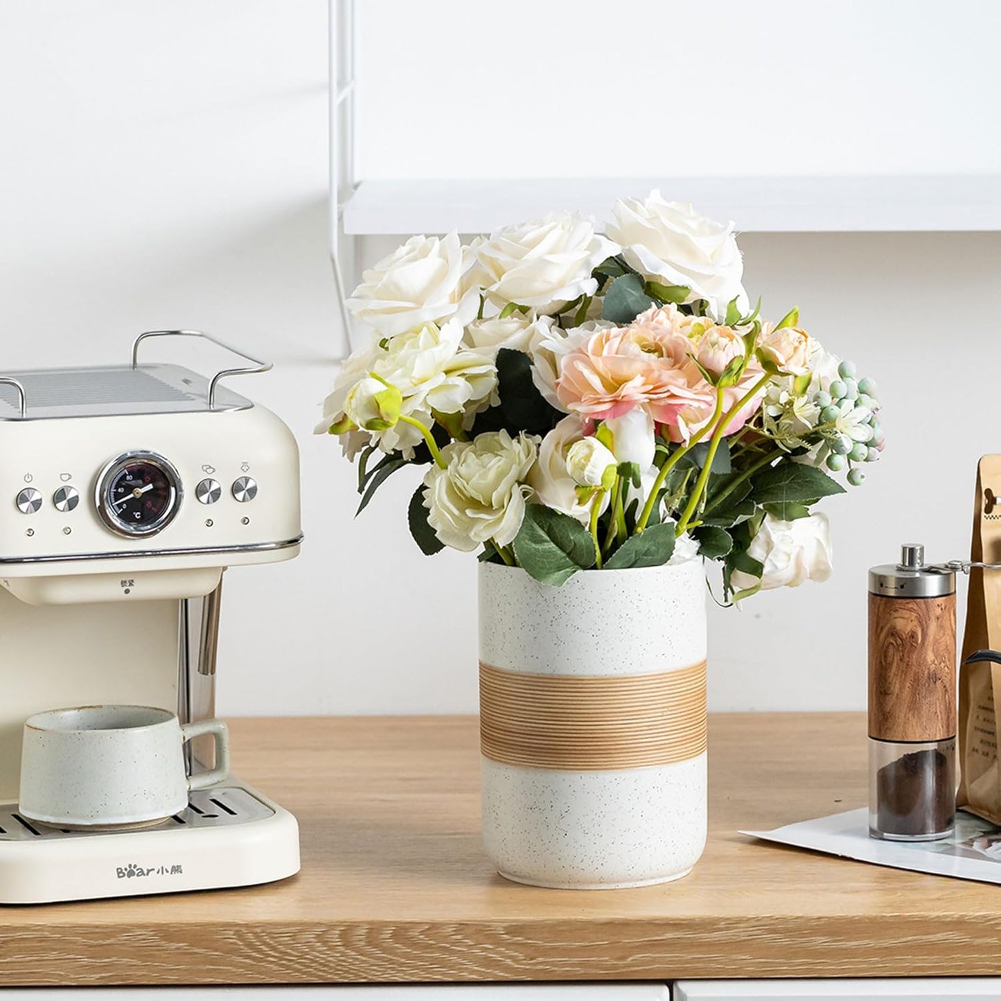 Large Storage Containers with Lids, Ceramic Coffee Container Kitchen Food Storage Jars for Spice Sugar Tea Bag, Stackable Decorative Jars for Counter, White & 61oz