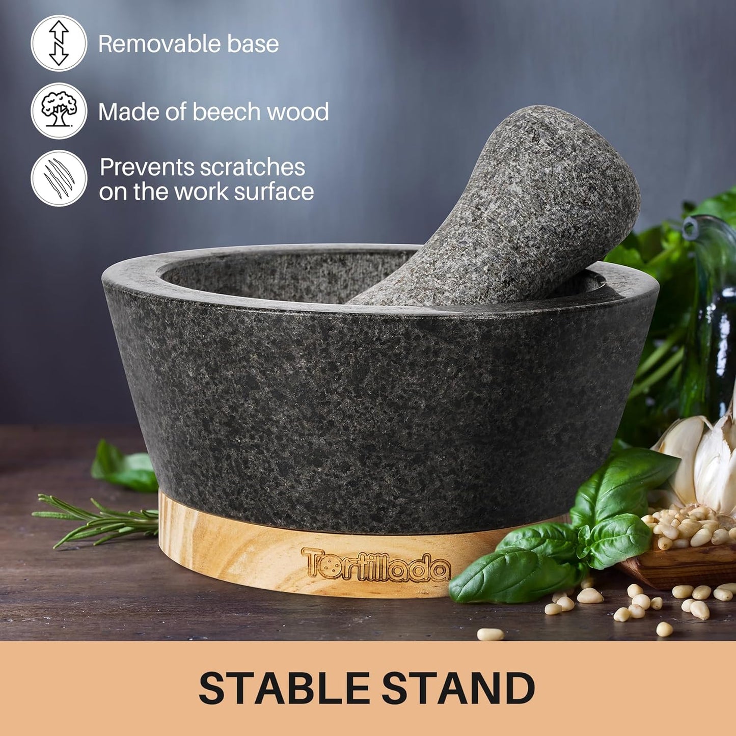 Tortillada β 6-inch Mortar and Pestle Set Large Made of Natural Granite with Anti-Scratch Wood Base Granite Spice Herb Grinder Pill Crusher with 50 Recipes, Black