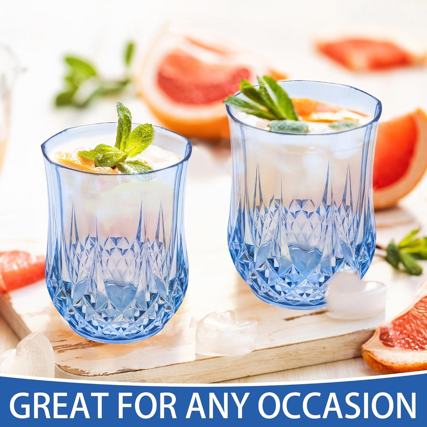 24 PCS Blue Stemless Wine Glasses,Plastic Reusable Cups 9OZ Vintage Drinking Glasses Tumblers for Whisky, Beer, Juice, Beverages, Cocktai