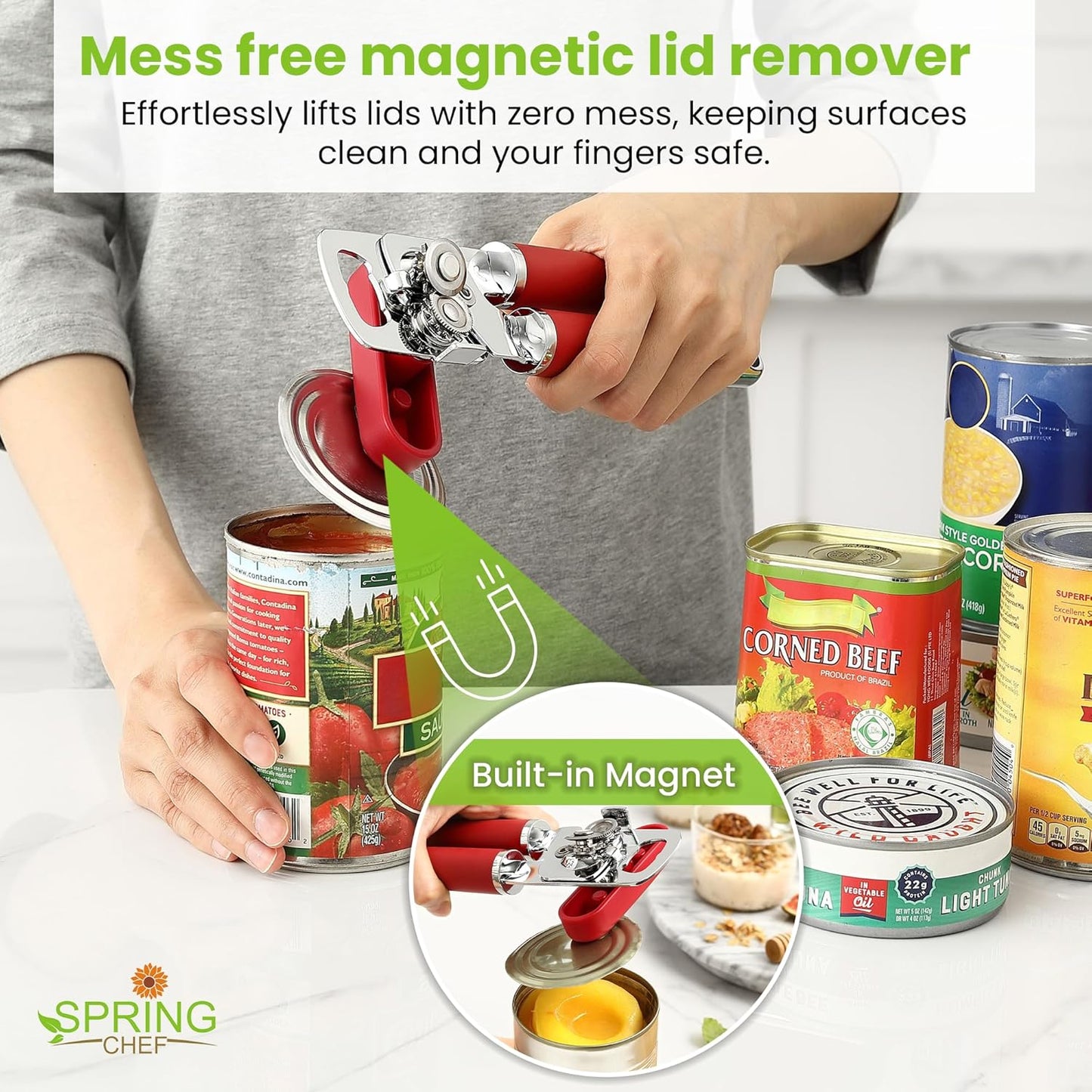 Spring Chef Stainless Steel Can Opener - Manual with Soft Grip Handles, Easy Turn, Heavy Duty Hand Can Opener for Seniors with Smooth Edge - Red