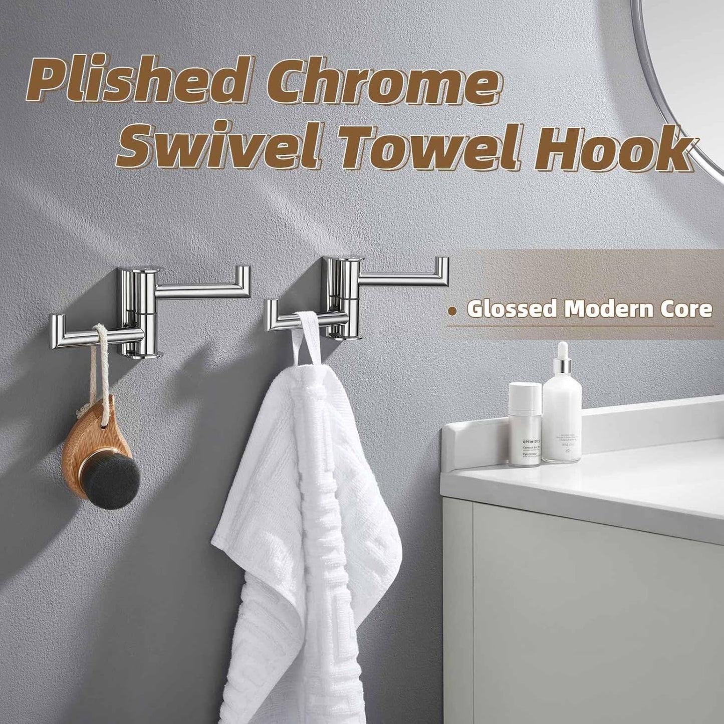 APLusee Swivel Towel Hook Polished Chrome 2 Pack, 304 Stainless Steel Bathroom Robe Hook Towel Holder, Folding Wall Hook Wall Mounted