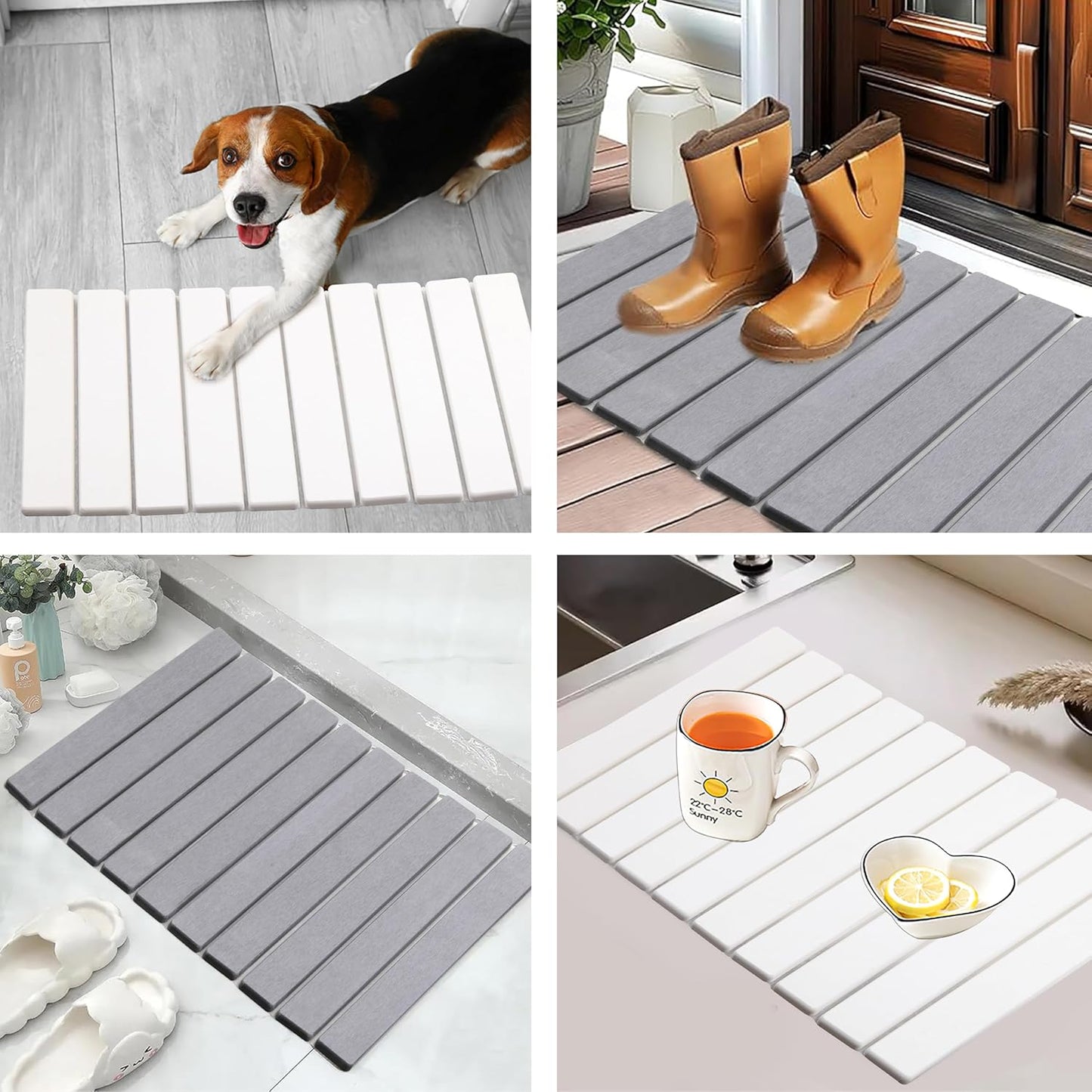 Quick Dry Collapsible Dish Drying Mat, Eco-Friendly Absorbent Diatomaceous Earth Mats for Dishes Bottles Cups 24"×16"Large Stone Dish Drying Mats for Kitchen Counter (White, 24"(L)×16"(W))