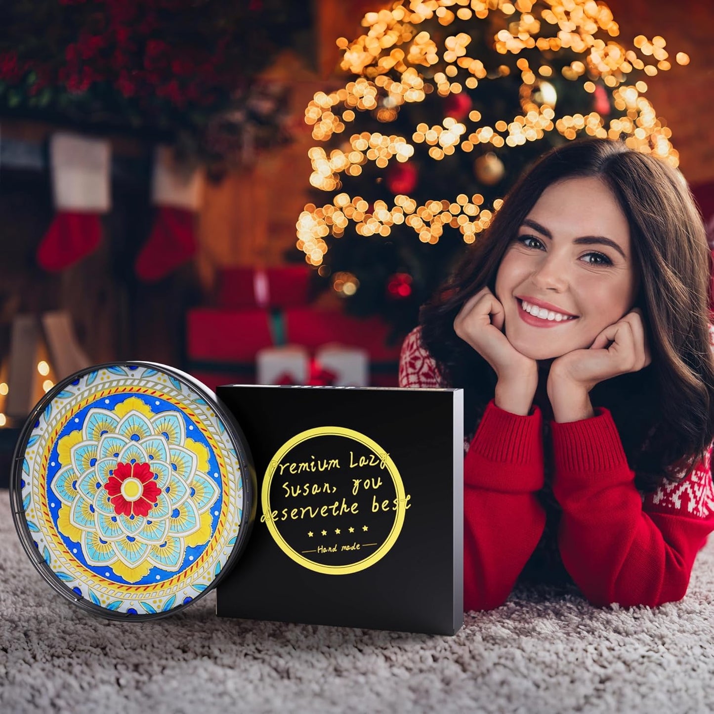 Decorative 3D Art Ceramic Lazy Susan for Table Top, 10.2" Boho Oak Wooden Lazy Susan Turntable Organizer for Dining Table Centerpiece Kitchen Countertop Coffee Table Decor Porcelain Tray Home Crafts