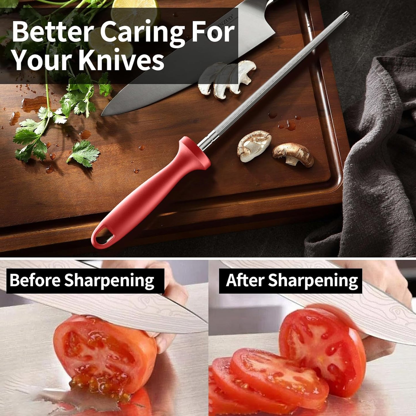 Knife Sharpener Rod, Kitchen Knives Sharpener Carbon Steel Professional Knife Sharpening Steel, Red Diamond Honing Rod with Hanging Holes (13 inches)