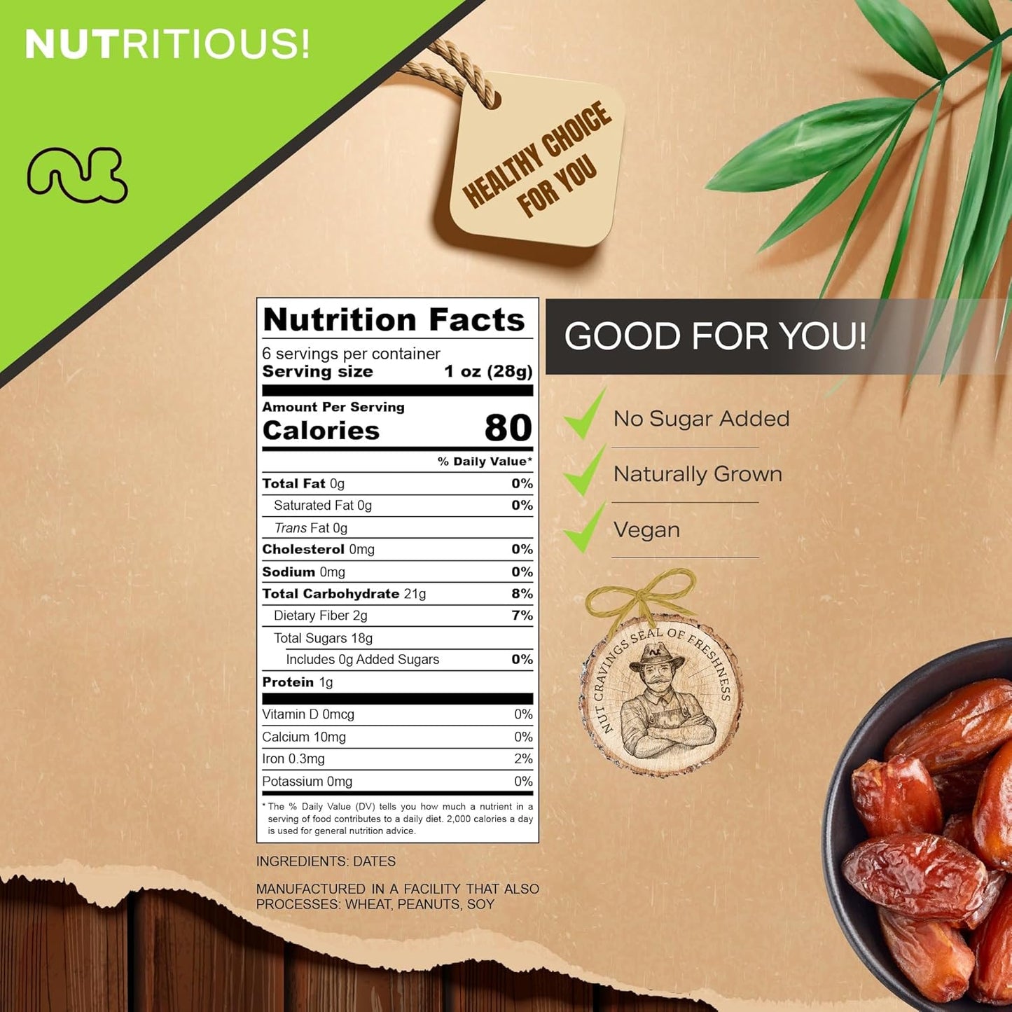 NUT CRAVINGS - Sun Dried Deglet Noor Dates Pitted, No Sugar Added (6oz, 1 Pack) Bulk Dry Fruits Packed Fresh in Resealable Bag - Sweet Healthy Snack, Naturally Grown, Vegan, Kosher