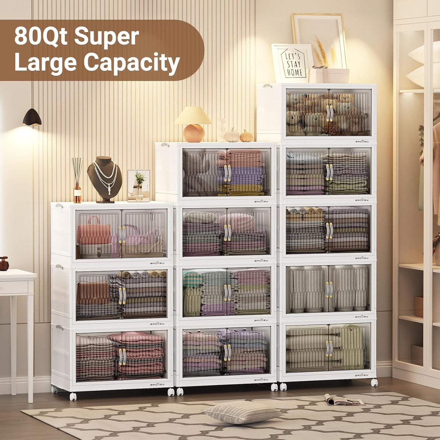 400Qt Stackable Storage Bins with Lid, Extra Large Closet Organizer Collapsible Drawer Boxes with Wheels, Folding Plastic Cabinet Containers for Home Kitchen Room Organization, 5Pack White