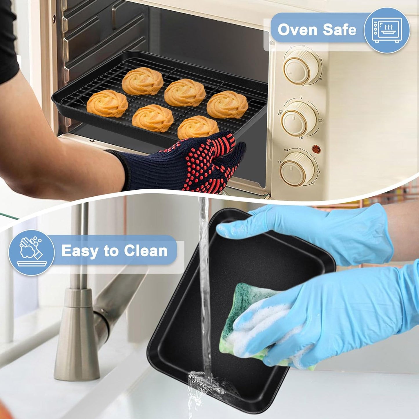 TeamFar Toaster Oven Pan with Rack Set, 10.5 x 8 x 1 Inch Nonstick Small Baking Pan Tray with Cooling Rack for Baking Roasting, Non-Toxic & Heavy Duty, Easy Clean, Set of 4