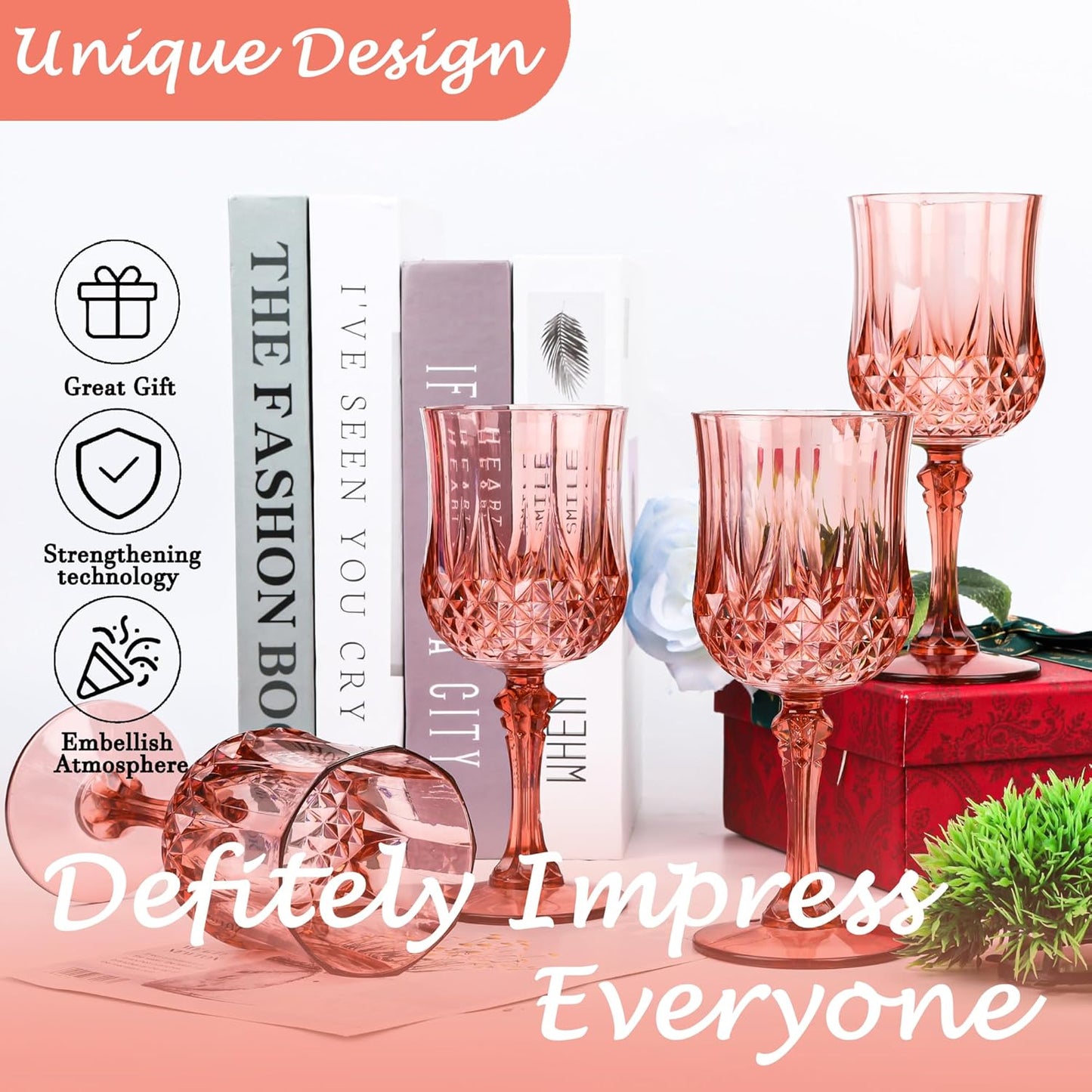 Plastic Wine Glasses,Plastic Goblets Vintage Style Cordial Drinking Glasses for Wedding Reception, Grand Event Party Supplies (12, Rose Gold)