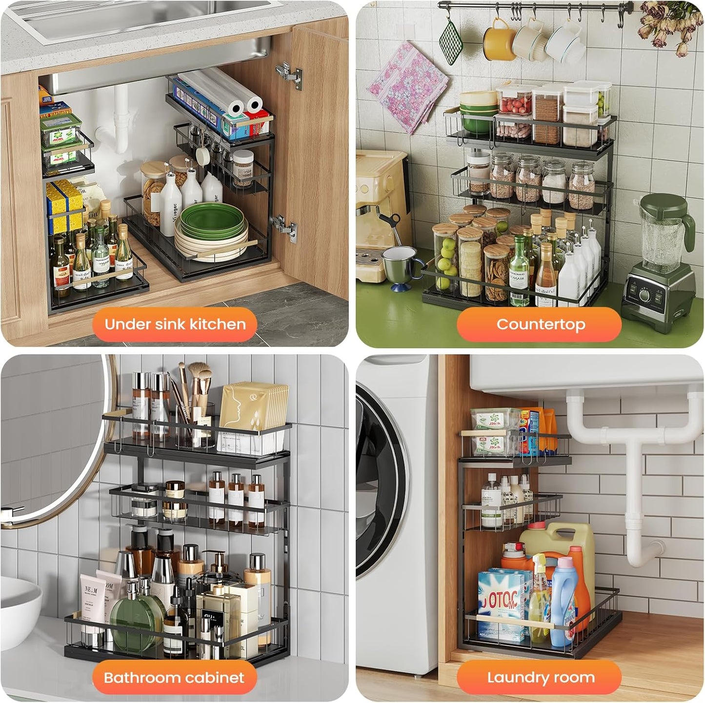 Under Sink Organizer and Storage for Bathroom and Kitchen - 2 Pack Pull Out Under Cabinet Shelf Organizers - 2 3 Tier Sliding Out Drawer Organization for Home Cabinets Shelves and Drawers