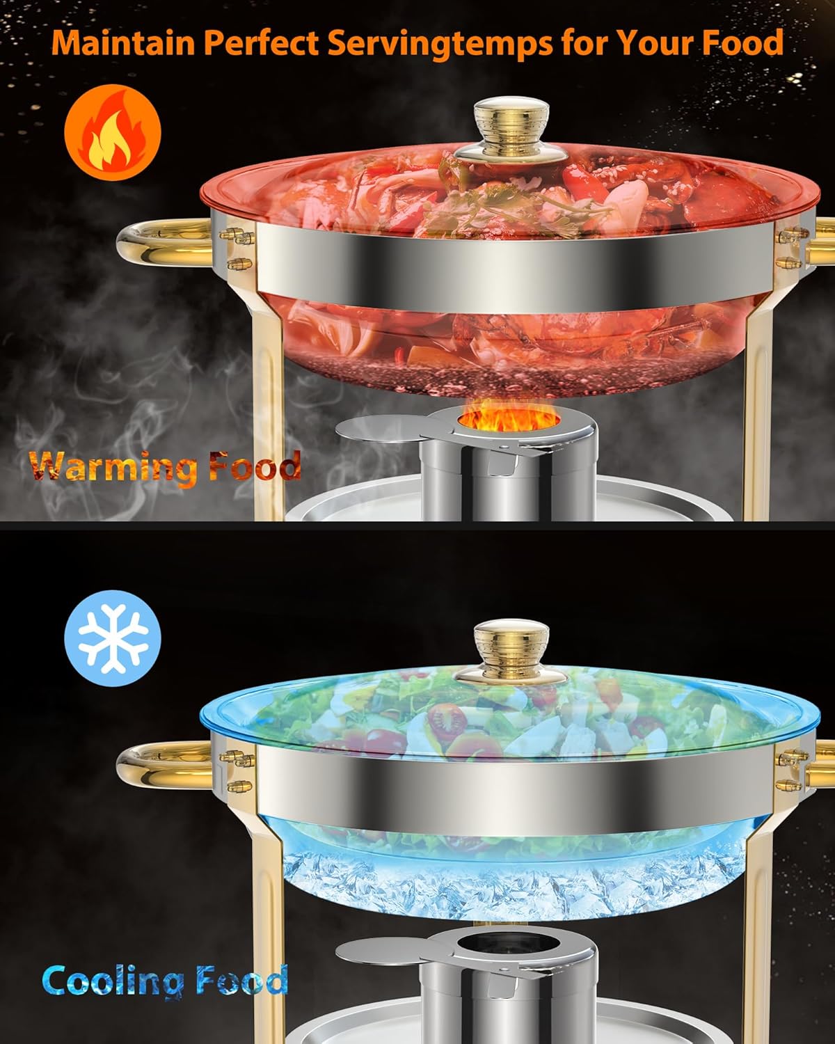 5QT 4 Packs Chafing Dish Buffet Set, NSF Round Stainless Steel Chafers and Warmers Food Servers Sets with Lid & Lid Holder, Spoon & Tweezer for Catering Events Parties Weddings Dinners, Gold