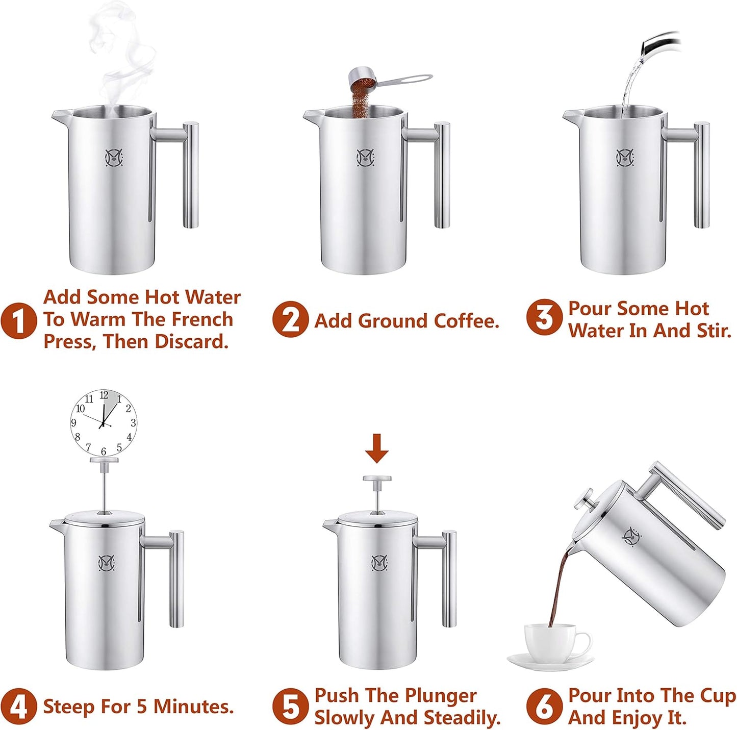 French Press Coffee Maker – 2 Cups Small Stainless Steel Coffee Maker Double Walled French Press 750ML/24OZ