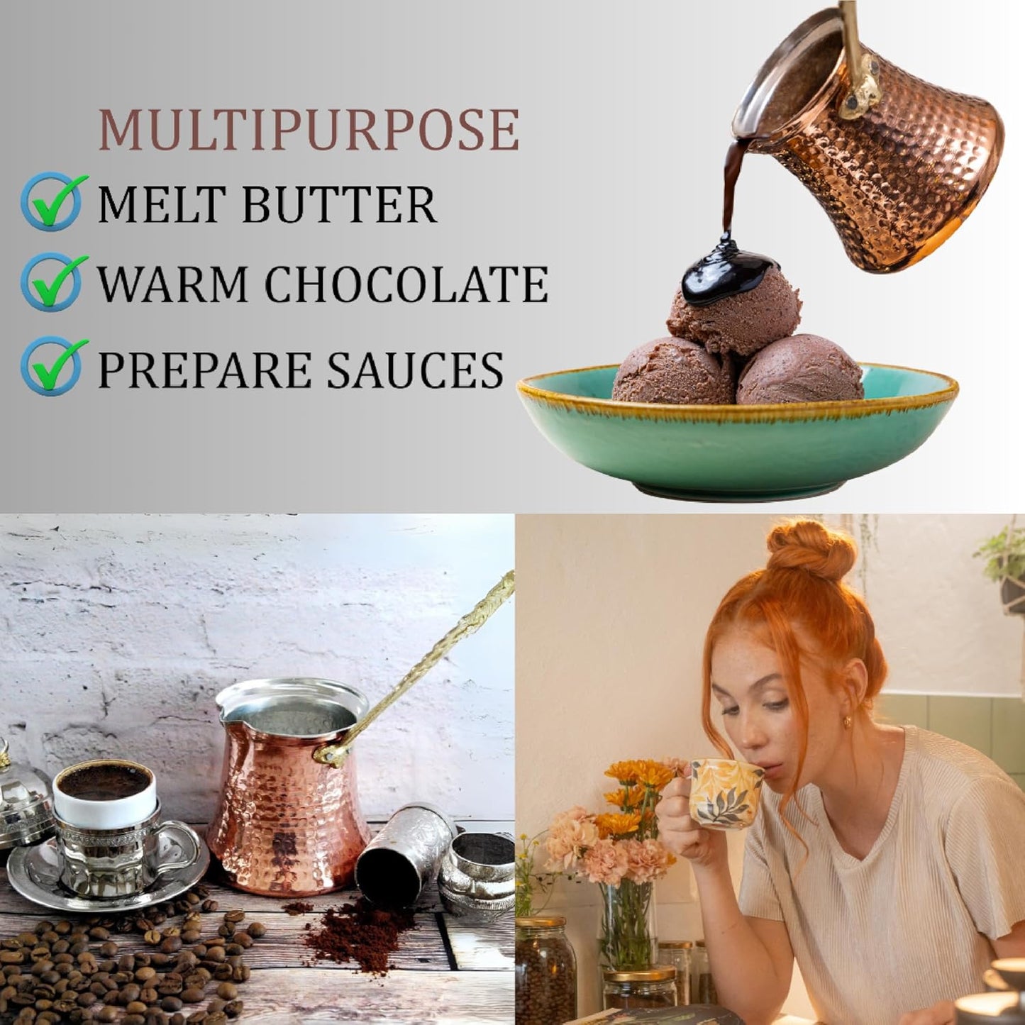 Hakan Turkish Coffee Pot | Stove Top Water Boiler, Coffee Maker, Butter, Chocolate & Milk Warmer | Even and Quick Heat with Handcrafted Copper Material | Coffee Gifts Idea, 8.3 Oz (245 cc)