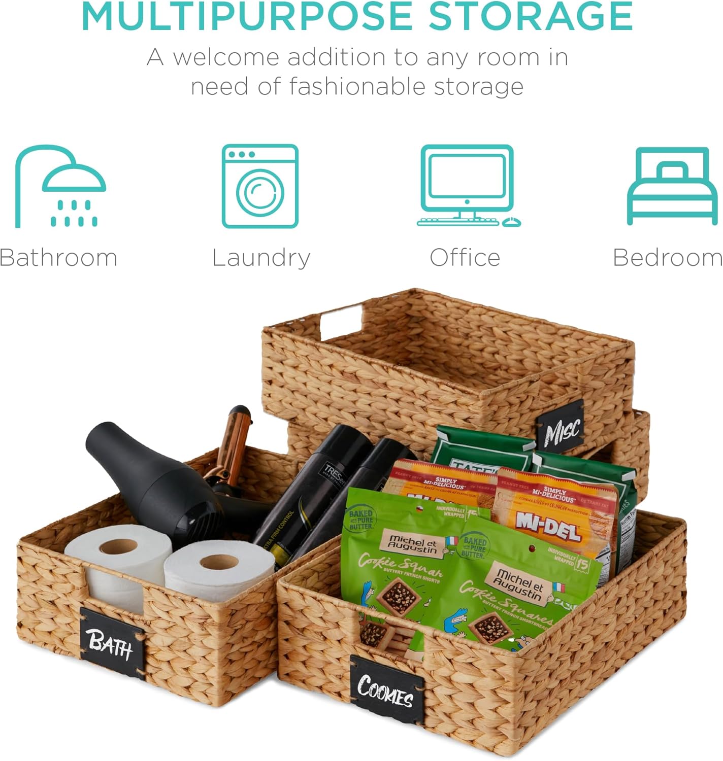 Best Choice Products Set of 4 16x12in Large Water Hyacinth Pantry Baskets, Woven Organizers w/Chalkboard Label, Chalk Marker - Natural