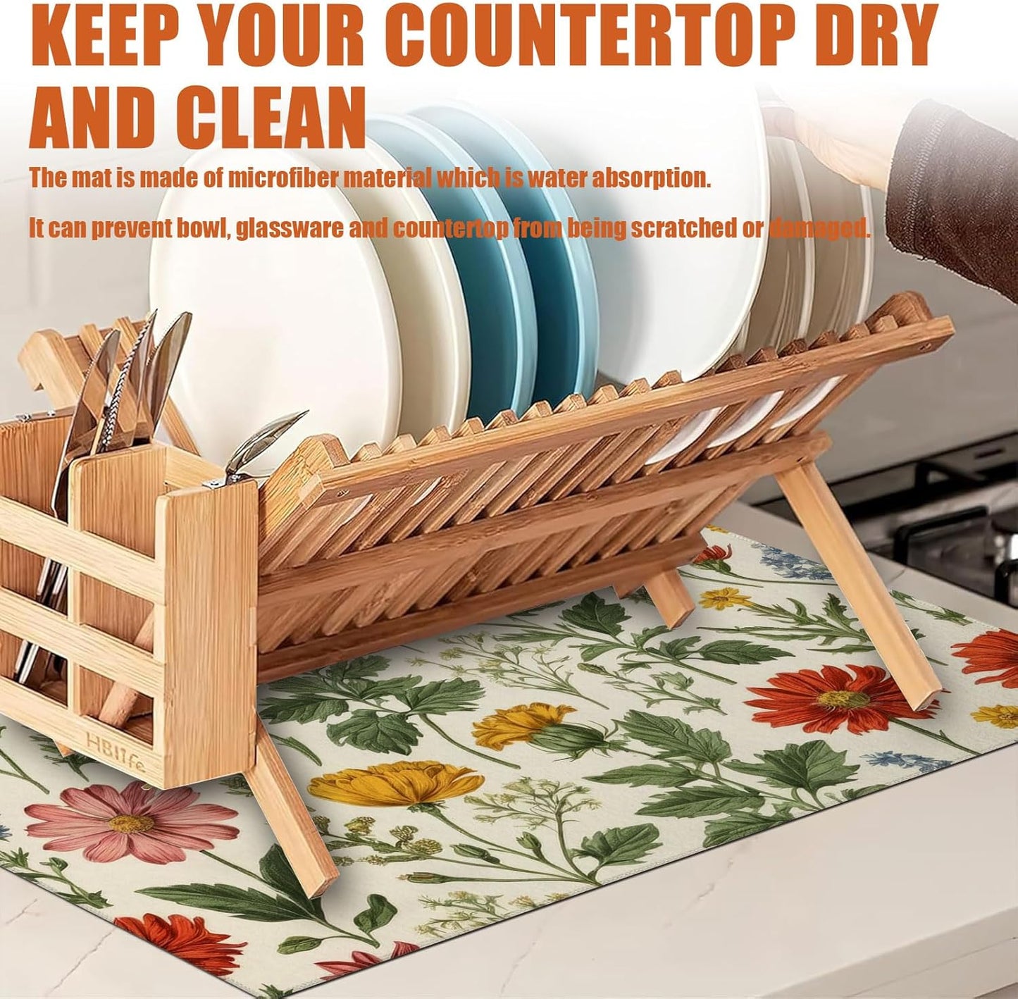 Spring Wild Flower Dish Drying Mat for Kitchen Counter Microfiber Absorbent Dish Kitchen Drying Mat Draining Reusable Washable for Dishes/Utensils/Counterto