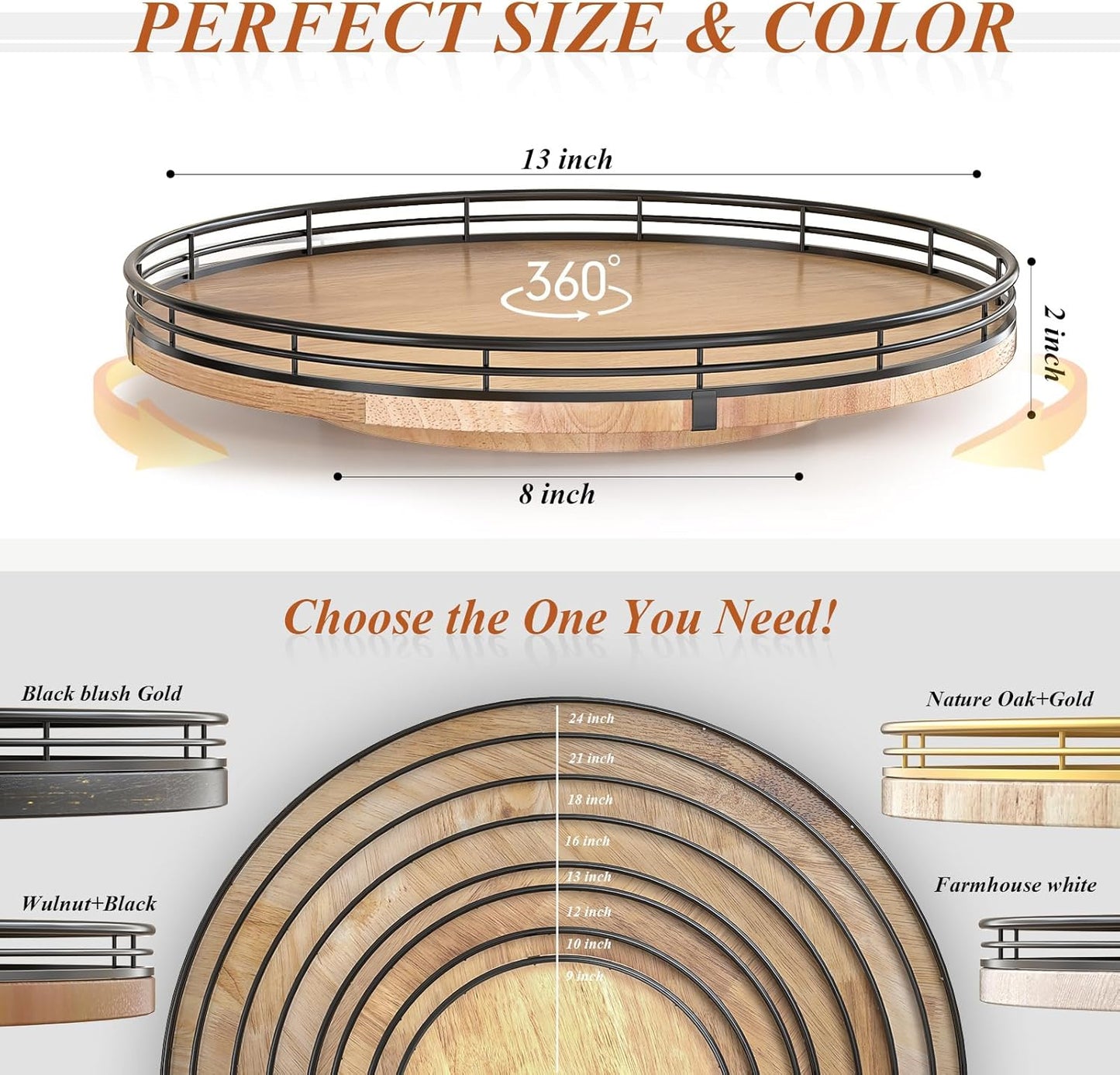 13" Lazy Susan Oak Wood Turntable Organizer for Cabinet, Farmhouse Round Wooden Lazy Susan Organization and Storage for Dining Table, Pantry, Kitchen, Bathroom, Countertop, Cupboard, Home Decor