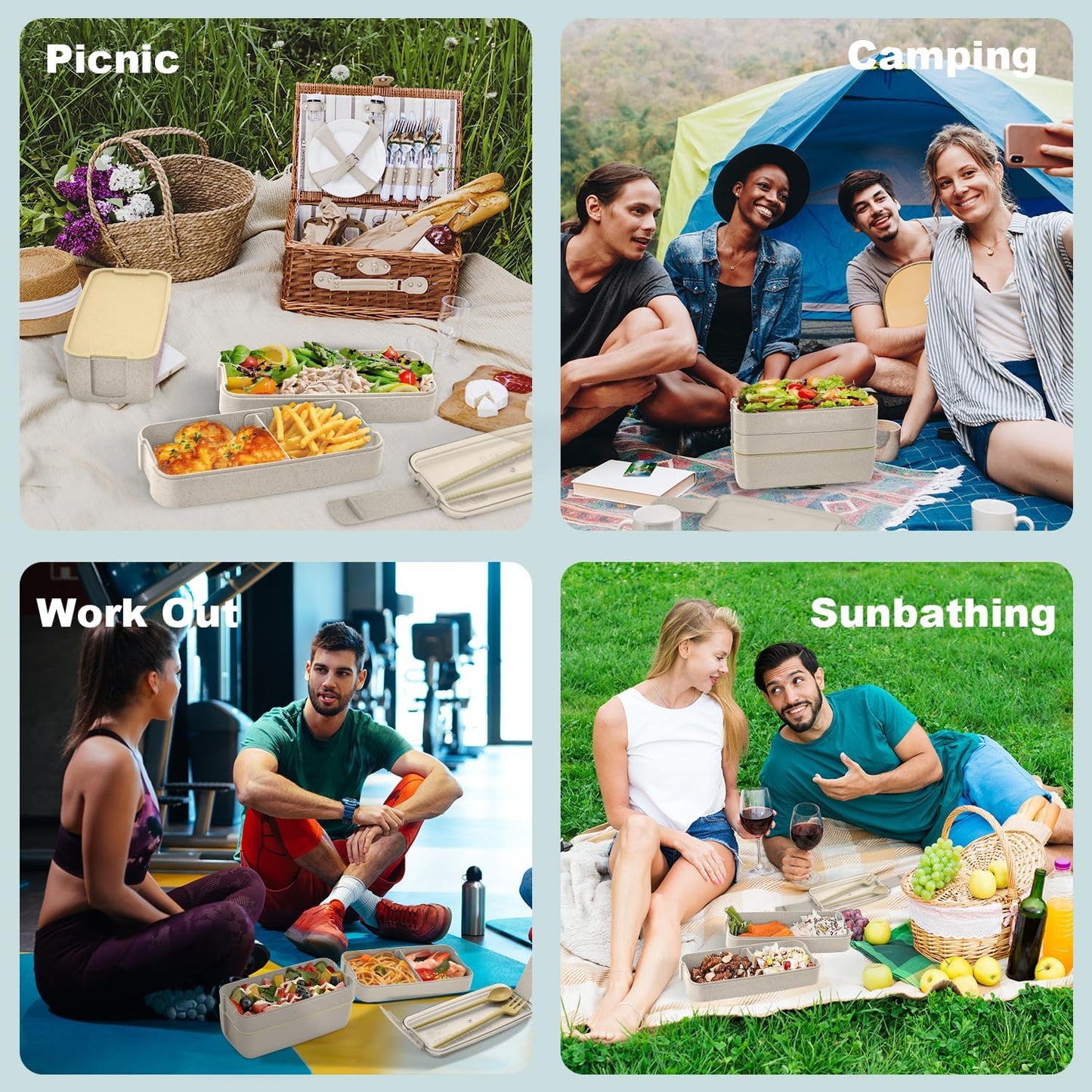 Bento Box Adult Lunch Box, Stackable 3-In-1 Compartment Bento Containers Kit with Spoon&Fork, Wheat Straw Meal Prep Containers Beige