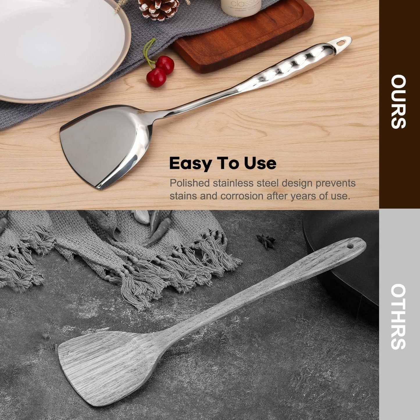 High Grade Spatula,Stainless Steel Turner, Kitchen Work Turner,Wok Spatula,Heat-proof Design of Hollow Handle, No rust, Dishwasher Safe (13.5 Inch)