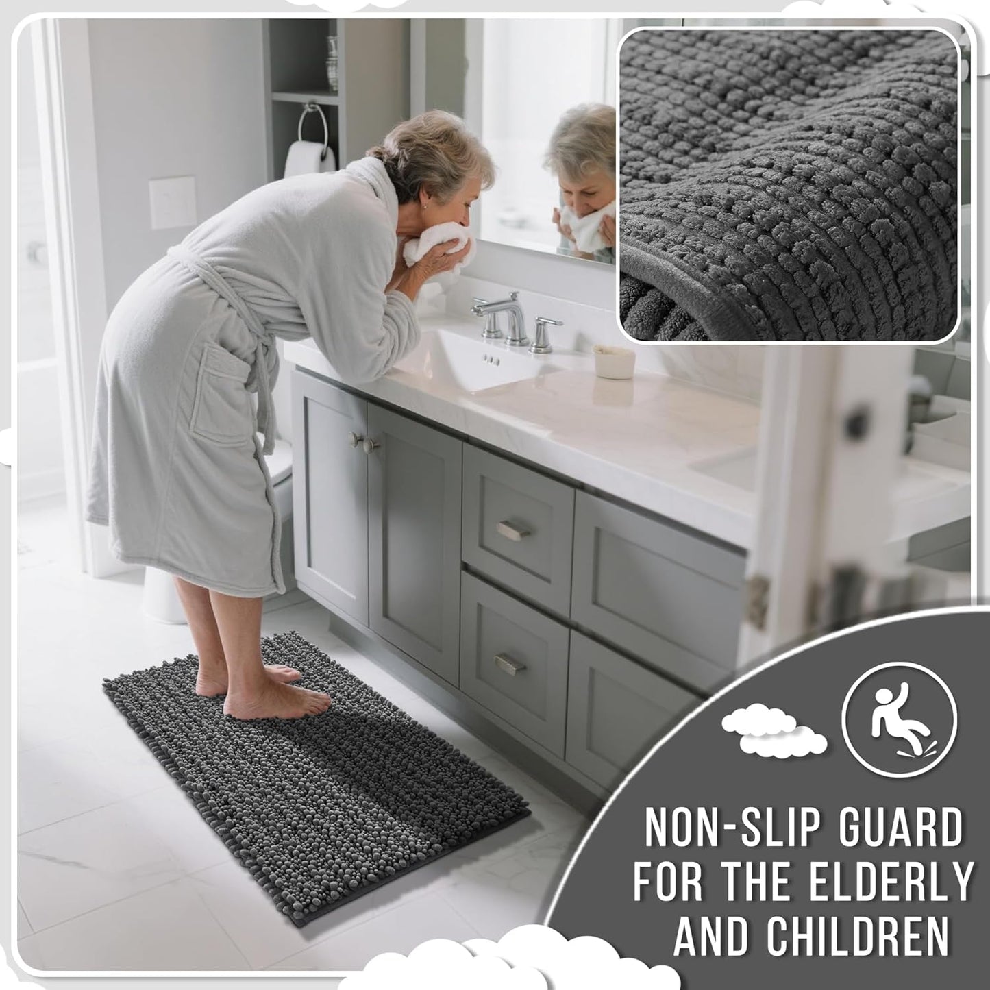 Yimobra Bathroom Runner Rug 70x24 Inch - Extra Long Non Slip Chenille Bath Mat, Soft & Absorbent, Machine Washable Shaggy Hallway Carpet for Vanity Tub Shower, Dark Gray Home Decor Accessories