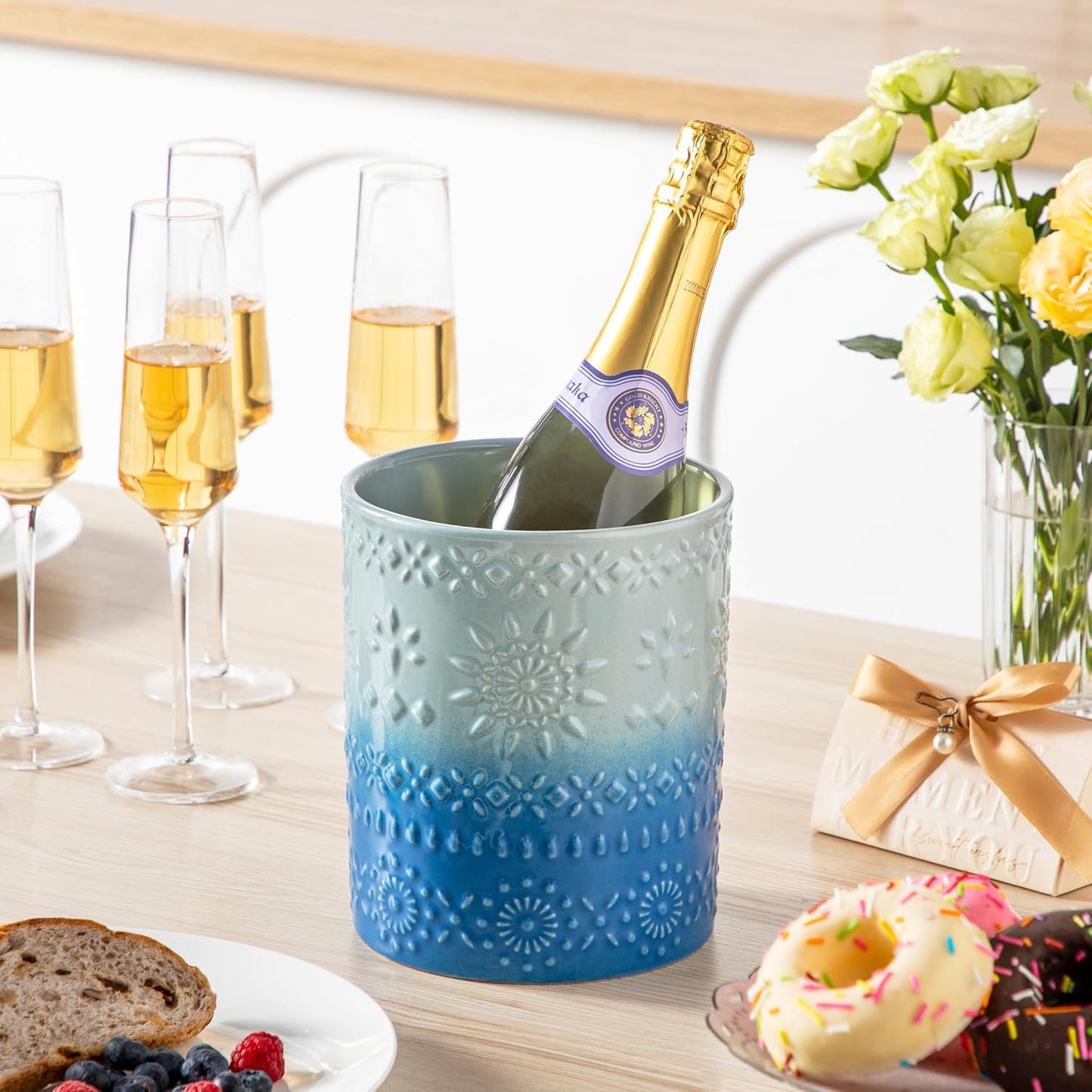 LOVECASA Utensil Holder, 7.2"+5.4" Ceramic Utensil Holder for Countertop, Large Cooking Utensil Crocks for Kitchen Counter, Farmhouse Utensil Vase for Housewarming, Kitchen Decor, Set of 2, Oceans