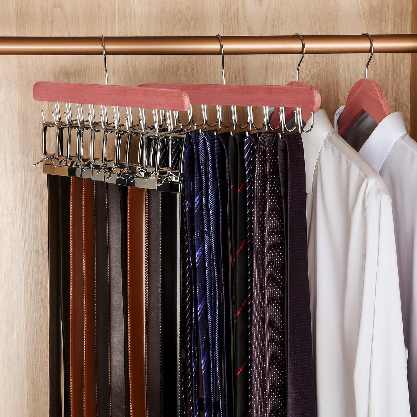 TOPIA HANGER Cedar 2 Pack 2 in 1 Belt Tie Hanger for Closet Max 60 Belts with 60 Ties Capacity, 20 Hooks Belt Tie Racks Hanger for Closet Organizer Storage Curved Fit Belt and Flat Fit Tie - CT60C