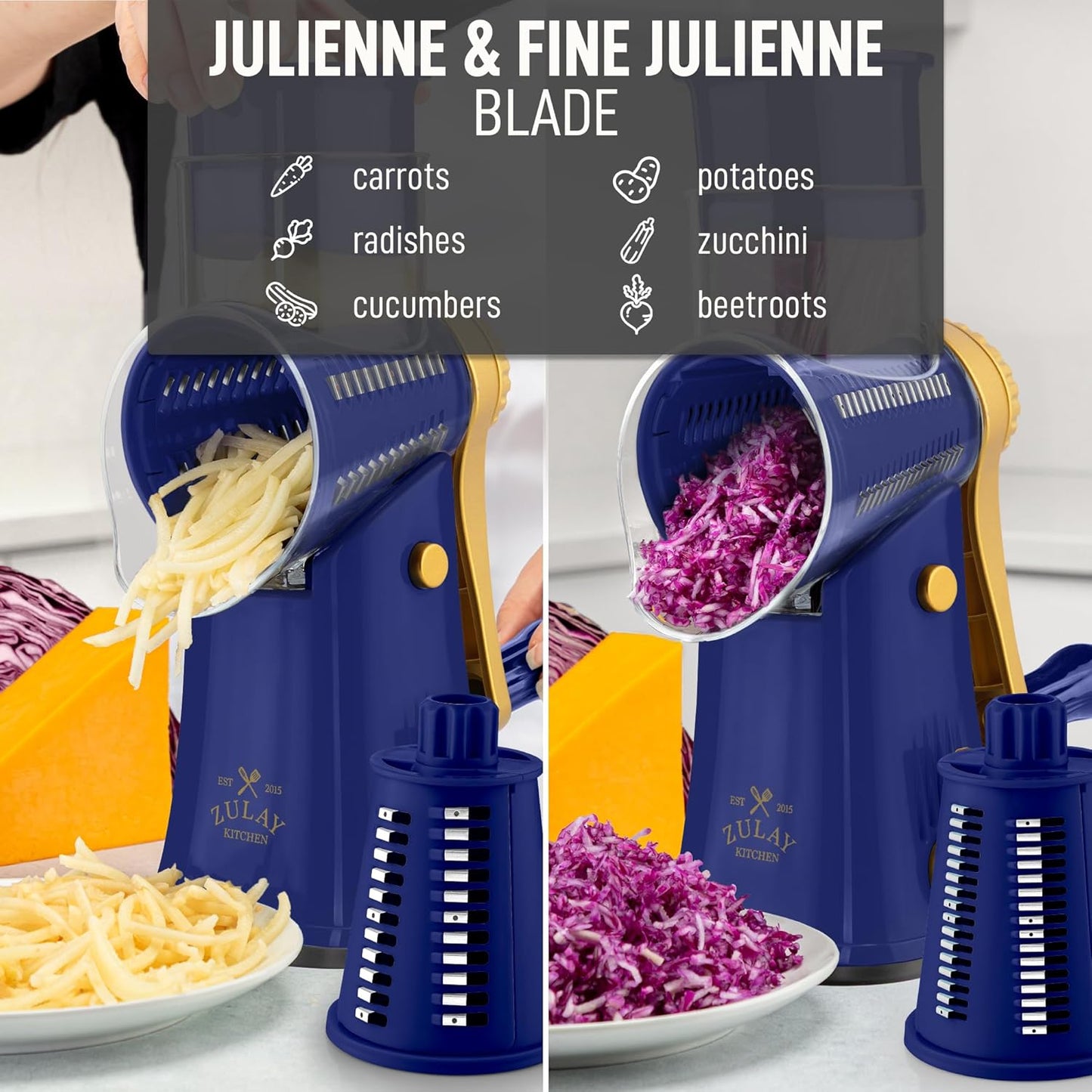 Zulay Kitchen Rotary Cheese Grater 5 Blade Cheese Shredder - Manual Hand Crank Cheese Grater With Reinforced Suction & 5 Interchangeable Drums - Easy to Use, Vegetable Chopper Round Mandoline Slicer