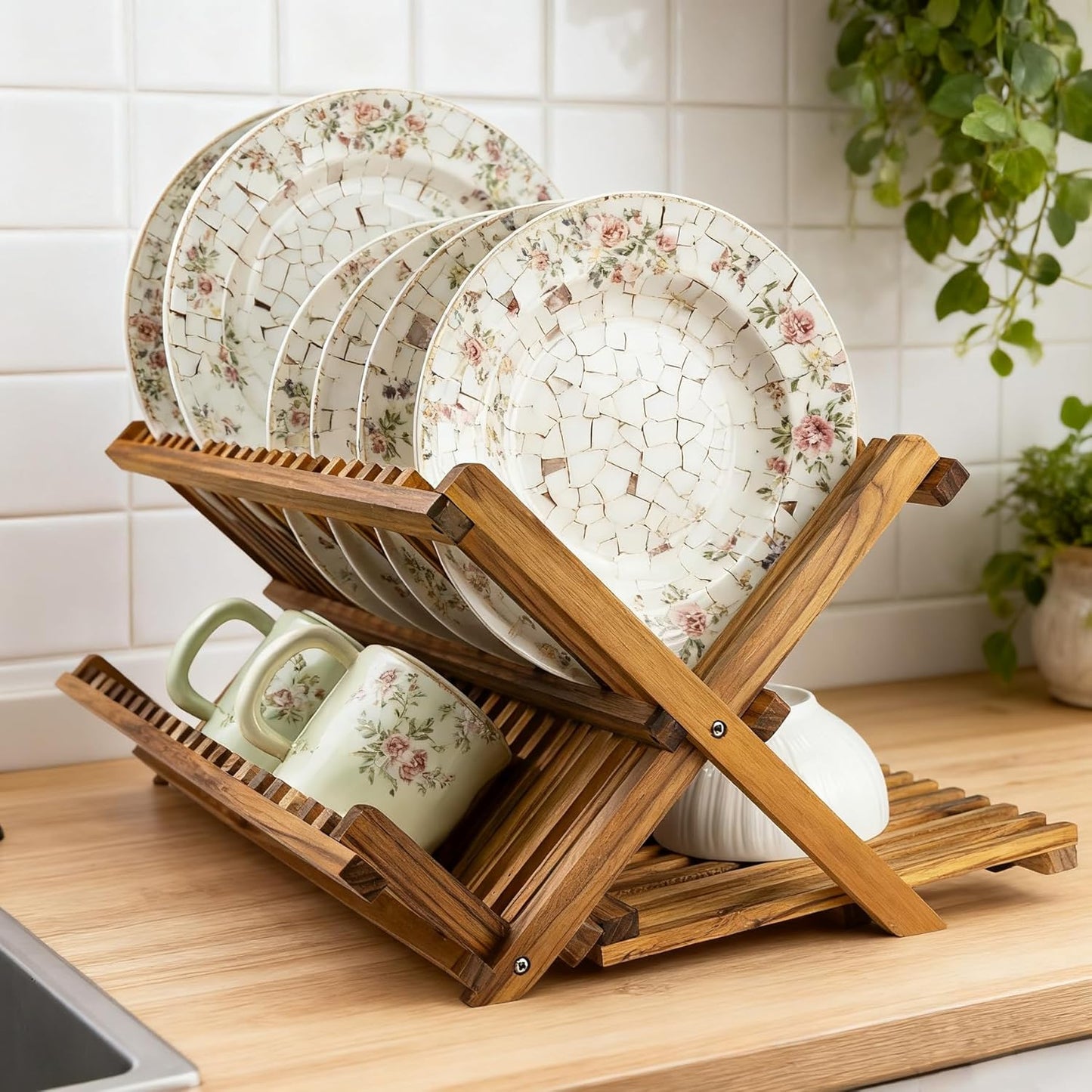 Utoplike Large Teak Dish Drying Rack, Wooden 3 Tier Collapsible Dish Draine for Countertop, Kitchen Organizer for Pasta Plates, Cups